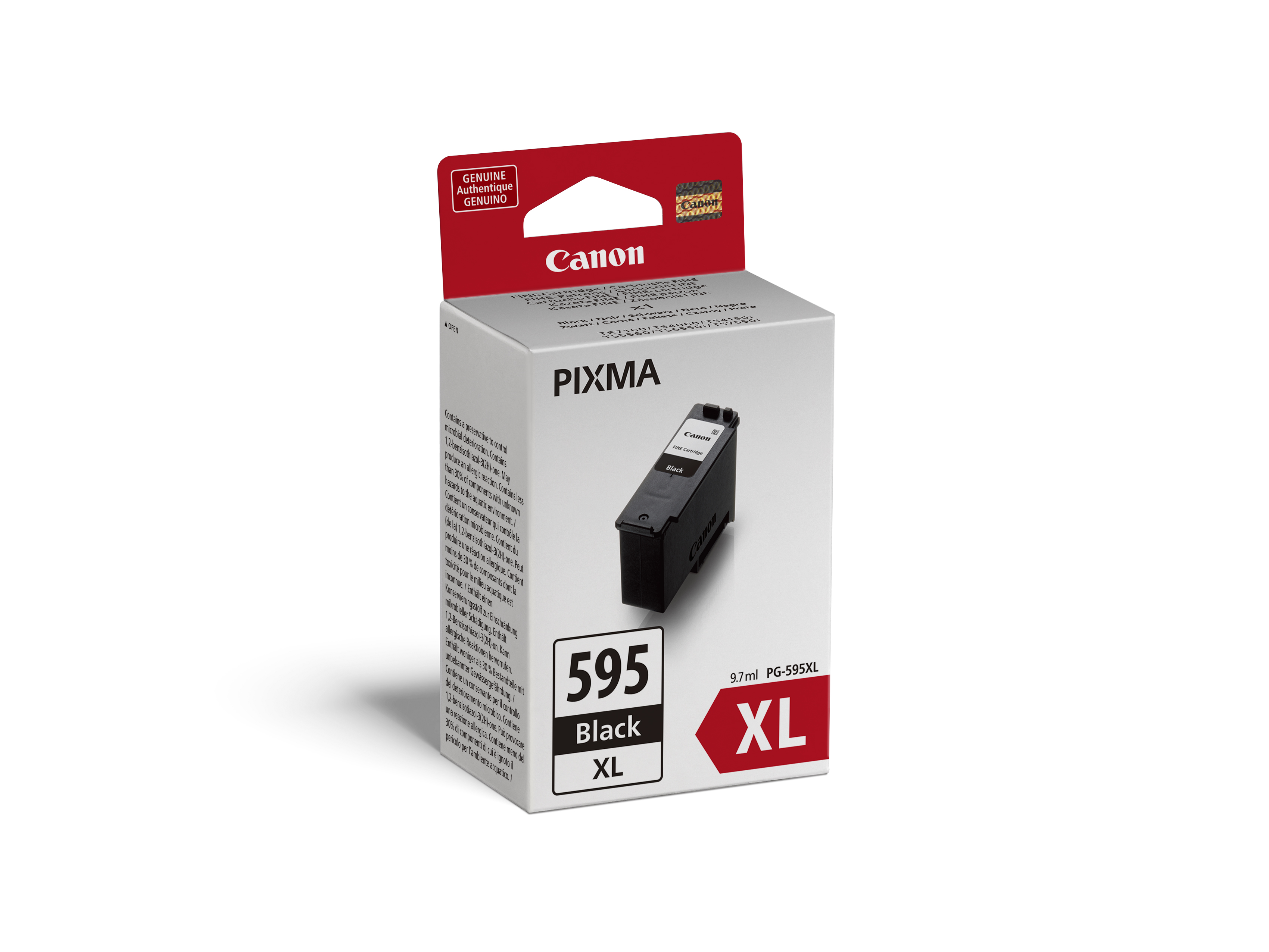 A Canon PIXMA black ink cartridge box. It has a black cartridge, red accents, and text in several languages.