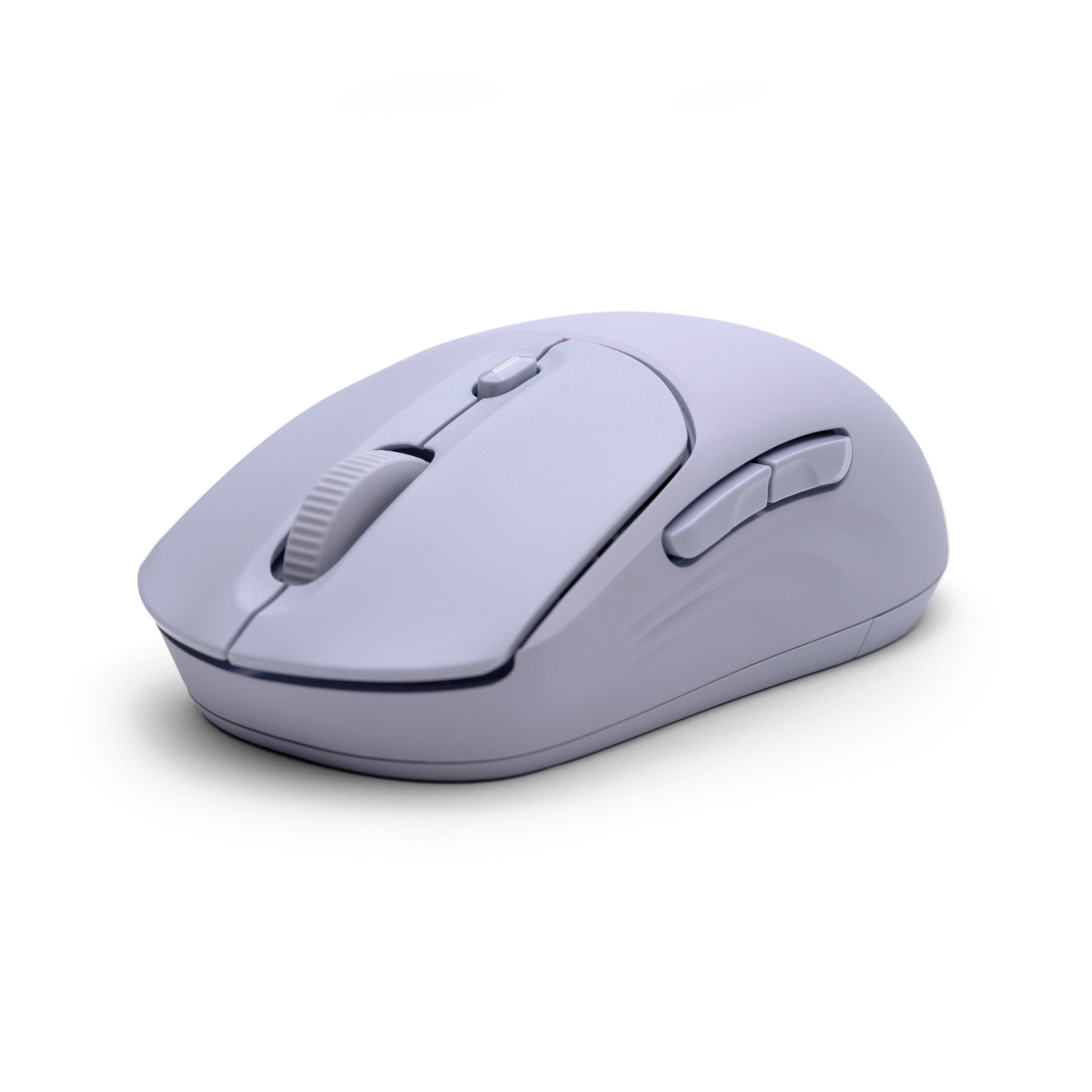Un ratón de ordenador inalámbrico morado claro sobre un fondo blanco. Tiene una rueda de desplazamiento, botones y un diseño elegante.