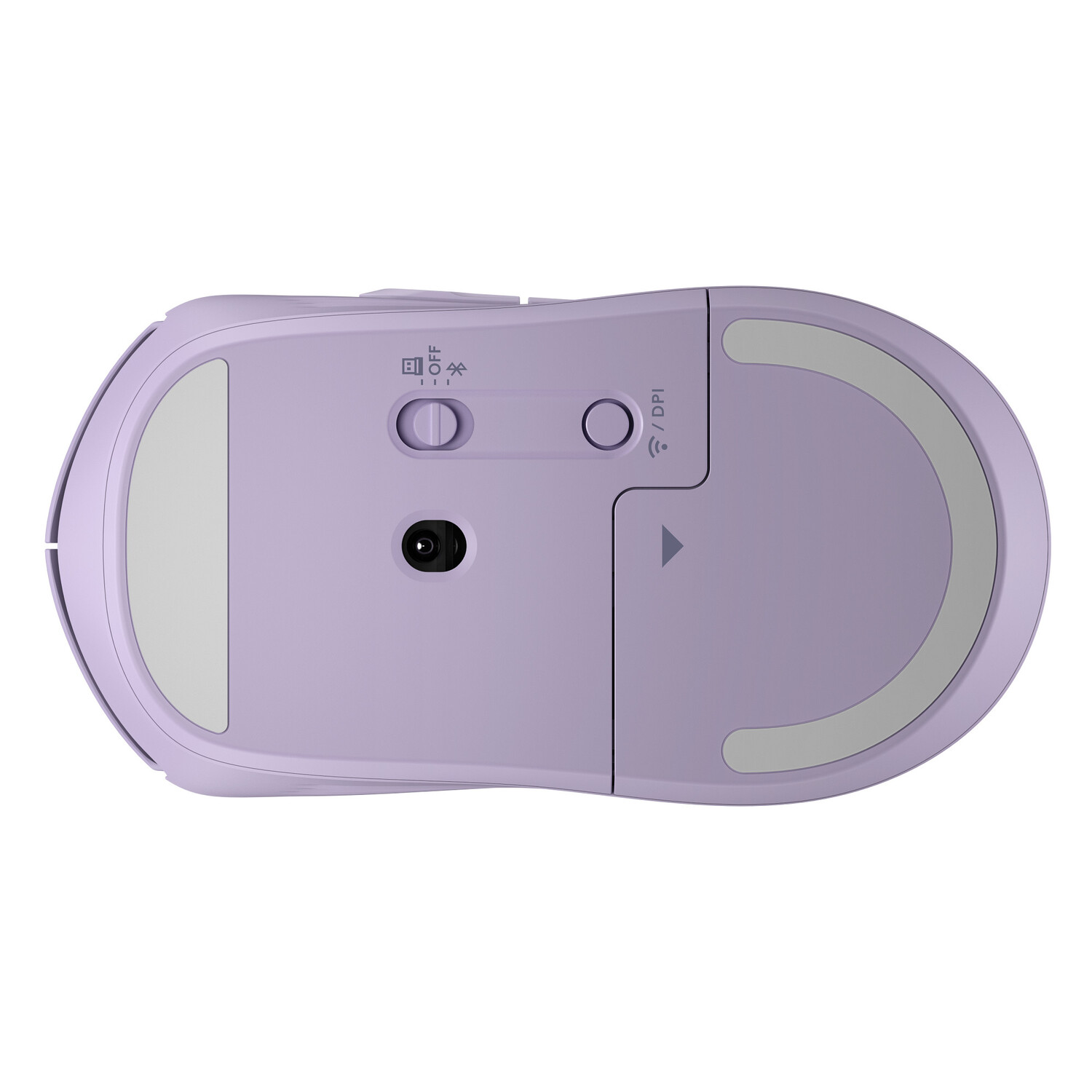 Un ratón de ordenador morado. Tiene una rueda de desplazamiento y botones para ajustar los DPI y encendido. El ratón está sobre fondo blanco.