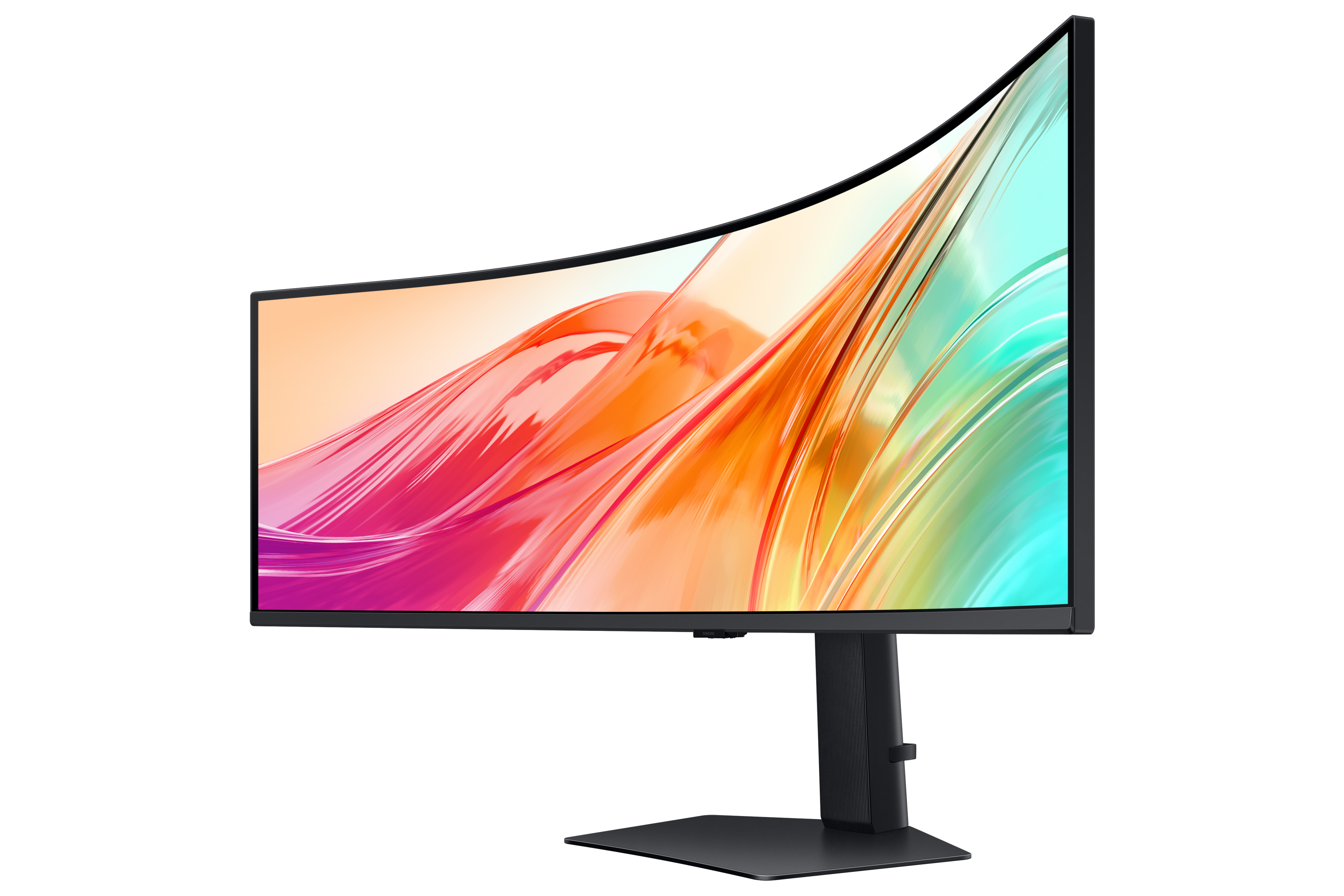 Un monitor de computadora curvo sobre un soporte. La pantalla muestra una obra de arte abstracta y colorida. El marco y el soporte son negros.
