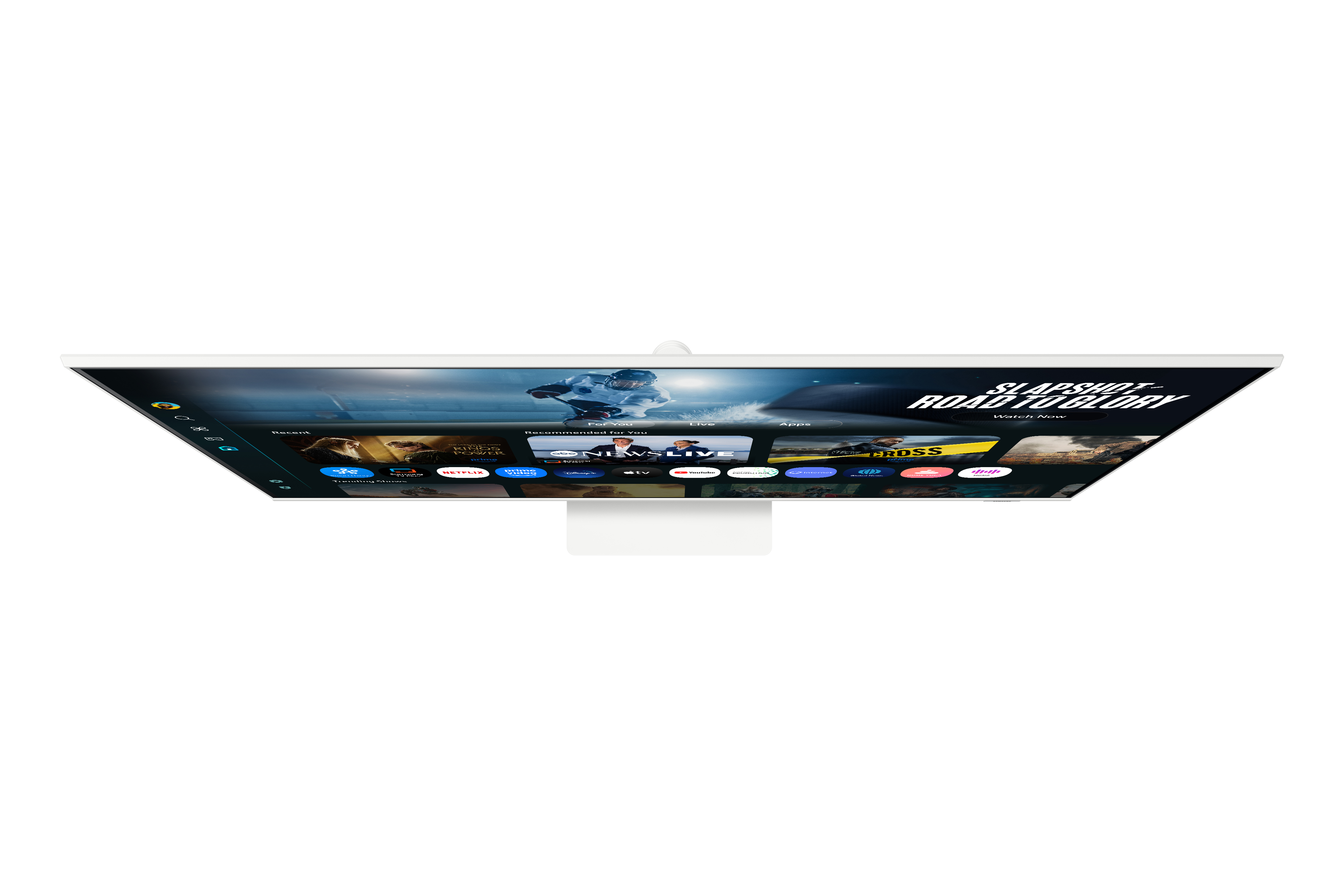 Un televisor blanco que muestra un partido de hockey y aplicaciones de transmisión. La pantalla muestra 'SLAPSHOT-ROAD TO GLORY'.