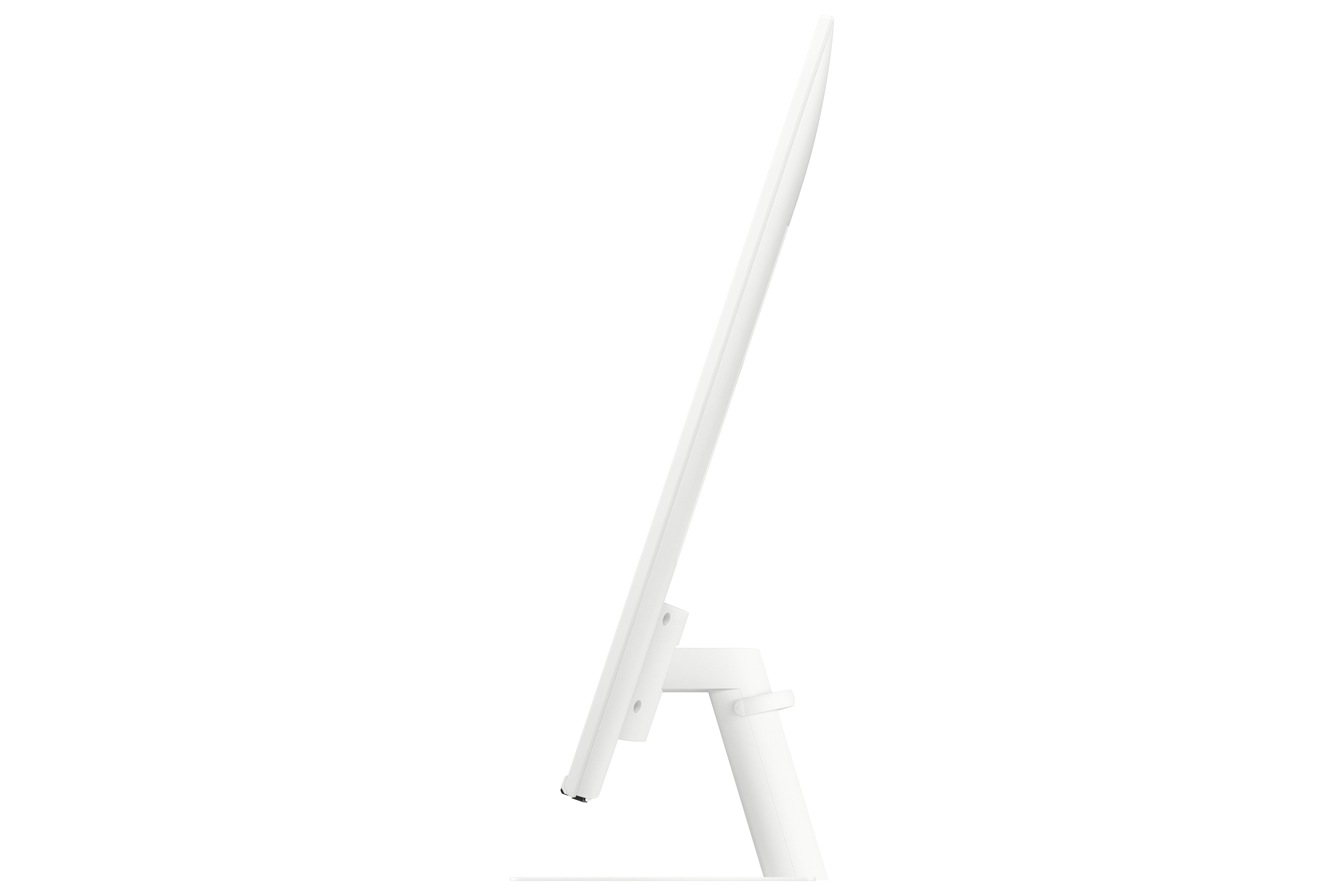 Vista lateral de un monitor de computadora blanco sobre un soporte blanco sobre fondo blanco.