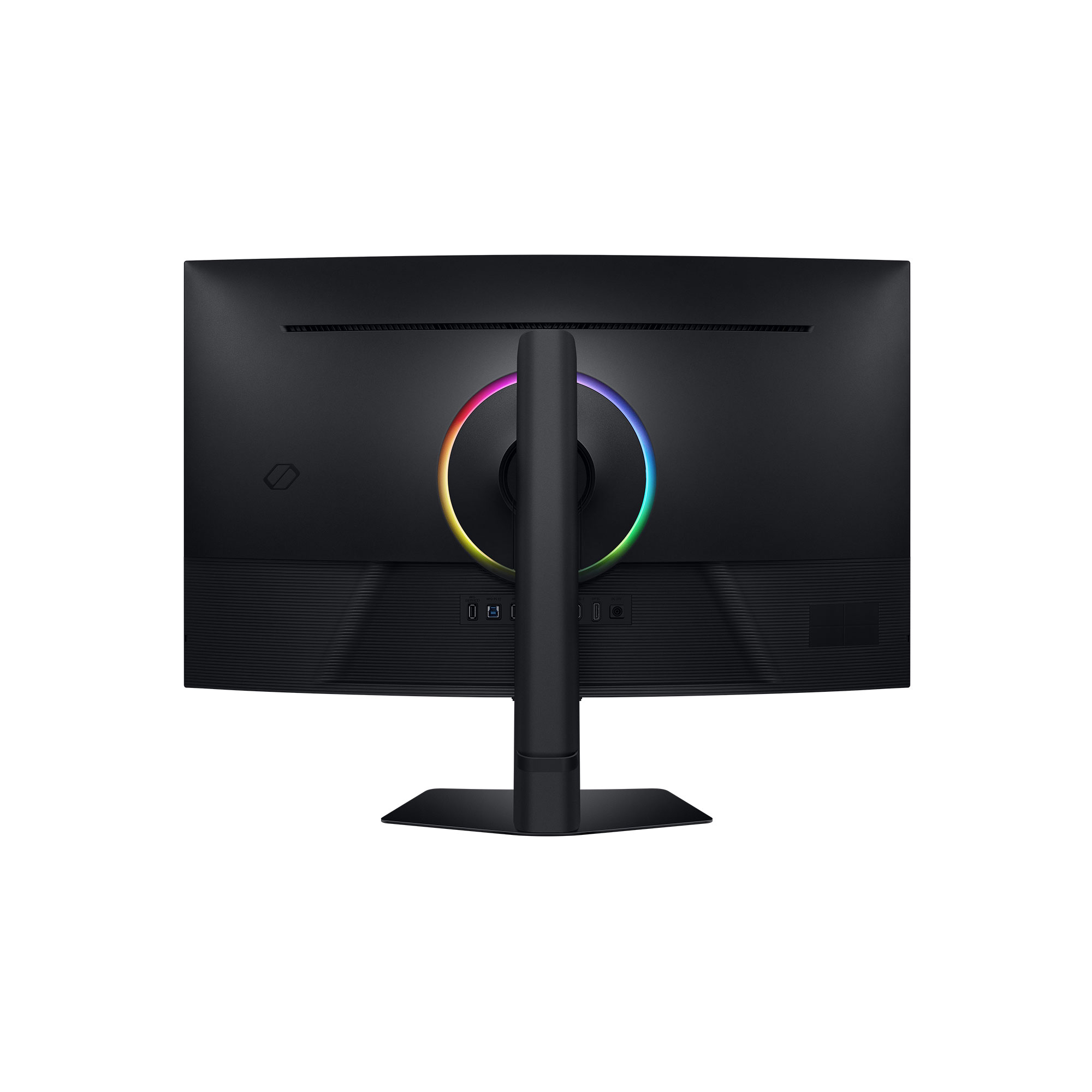 Parte trasera de un monitor negro con una luz circular colorida. Tiene un soporte y varios puertos.