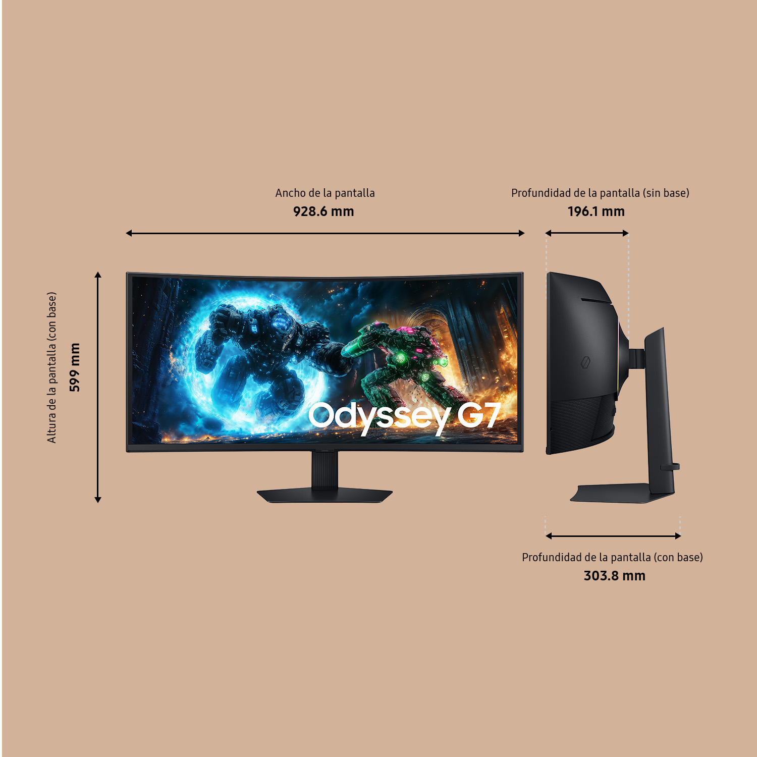 Un monitor curvo con dimensiones etiquetadas. La pantalla muestra una escena de juego. El monitor se llama Odyssey G7.