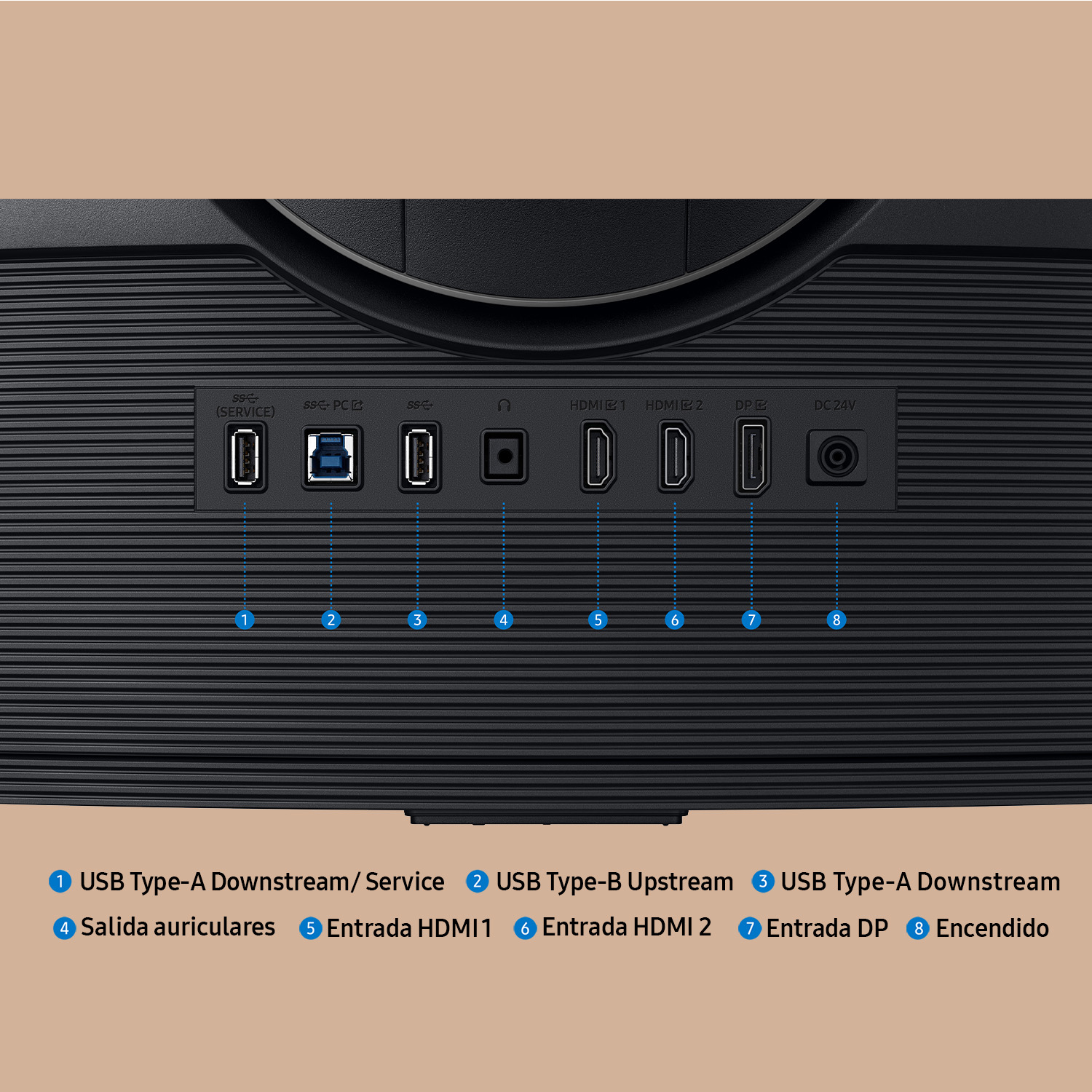 Primer plano del panel trasero de un dispositivo con varios puertos: USB, HDMI, DP y alimentación DC. Las etiquetas indican la función.