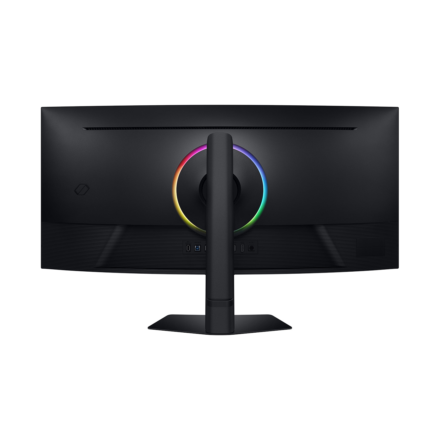 Vista trasera de un monitor de computadora negro con soporte. Tiene un anillo de luz colorido y varios puertos.