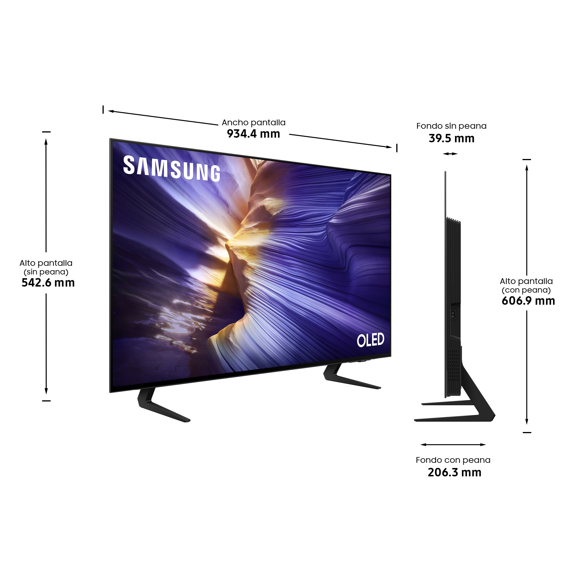 TV OLED Samsung, vista en ángulo, mostrando dimensiones. Muestra una imagen abstracta colorida. Marco negro, medidas en mm.