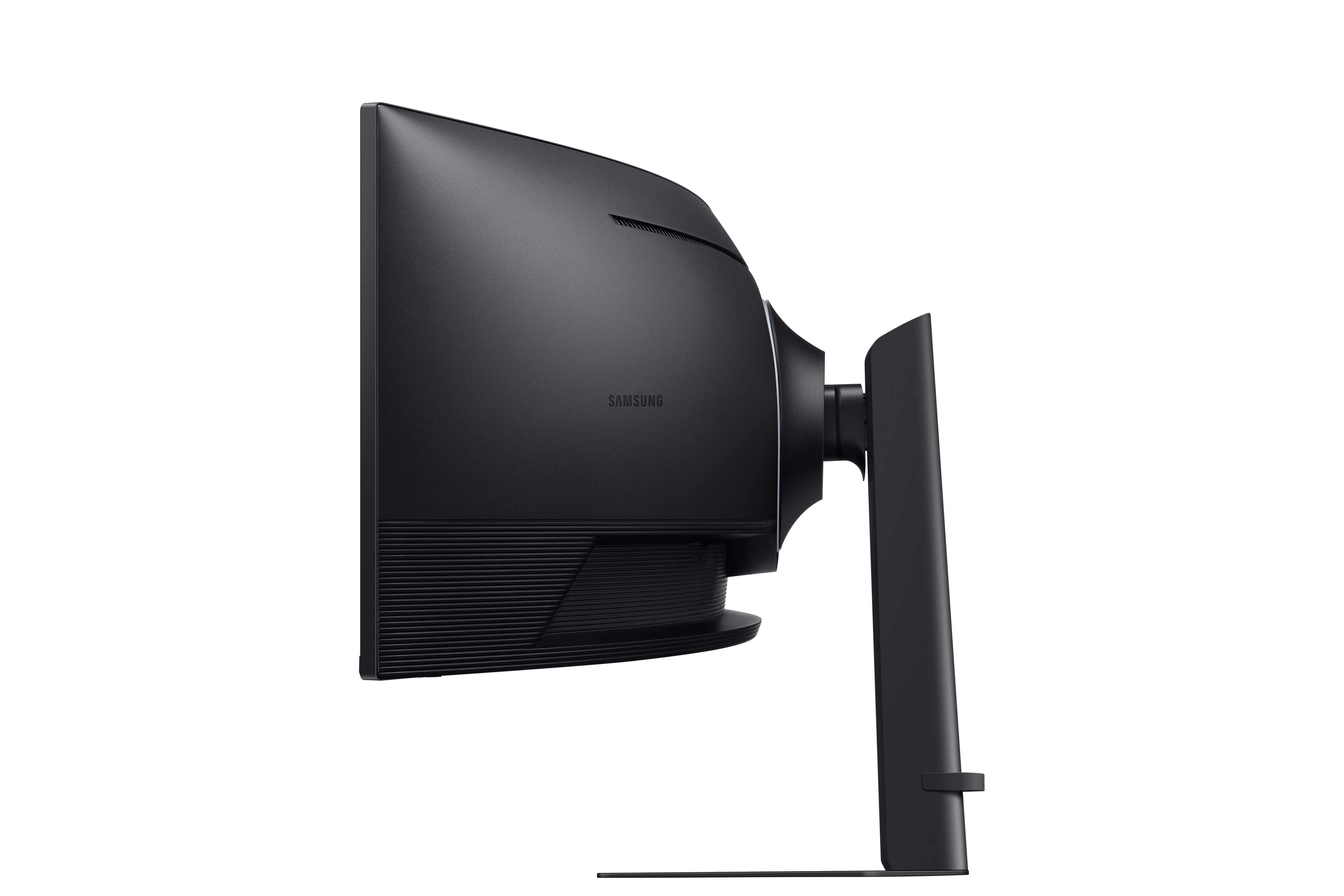 Un monitor Samsung negro se muestra de lado. El soporte y el panel trasero son visibles sobre un fondo blanco.