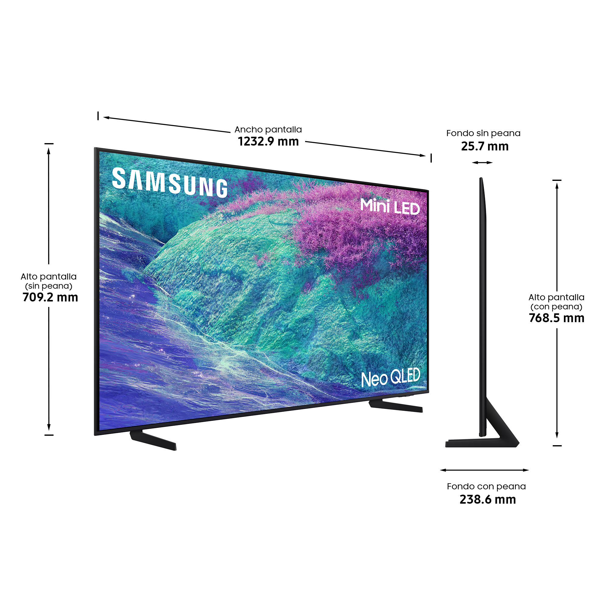 Un televisor Samsung Neo QLED muestra dimensiones. Es negro con medidas en mm para altura, ancho y profundidad. La pantalla muestra una escena colorida.