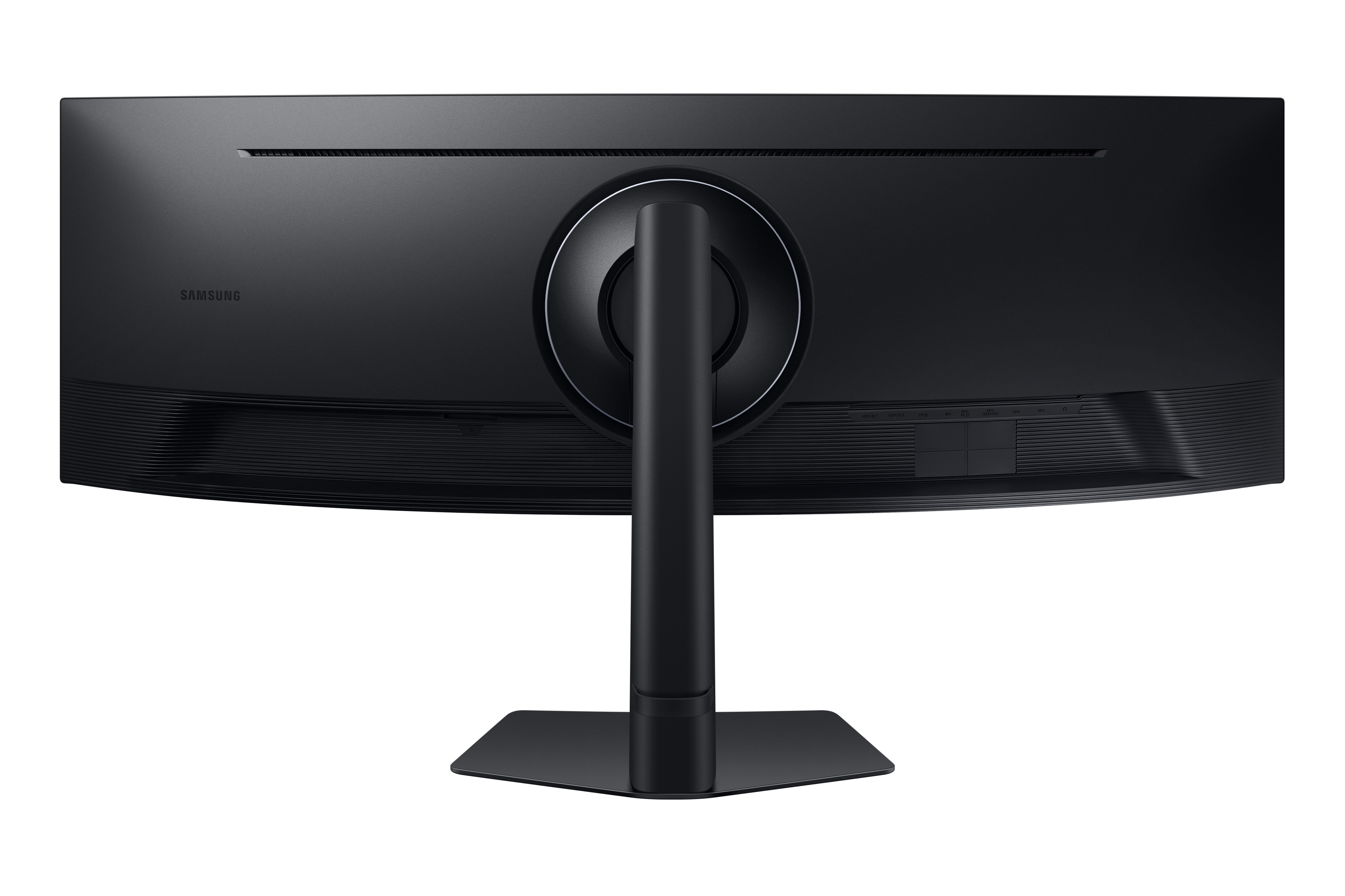 Parte trasera de un monitor negro curvo con soporte. El logotipo de Samsung es visible. Hay puertos y ventilaciones.