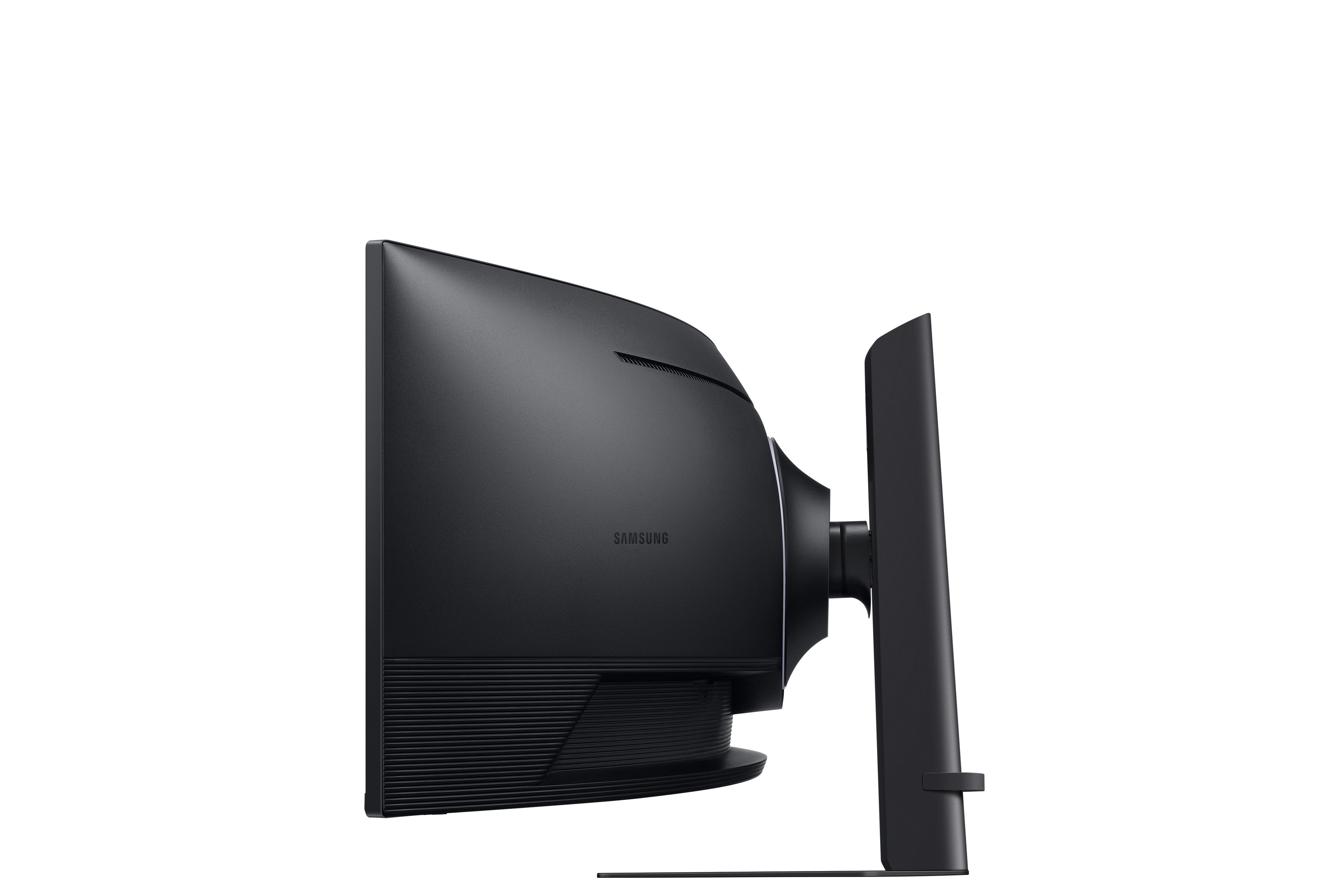 Un monitor Samsung negro. La vista trasera muestra el soporte y la parte trasera del monitor, con el logotipo.