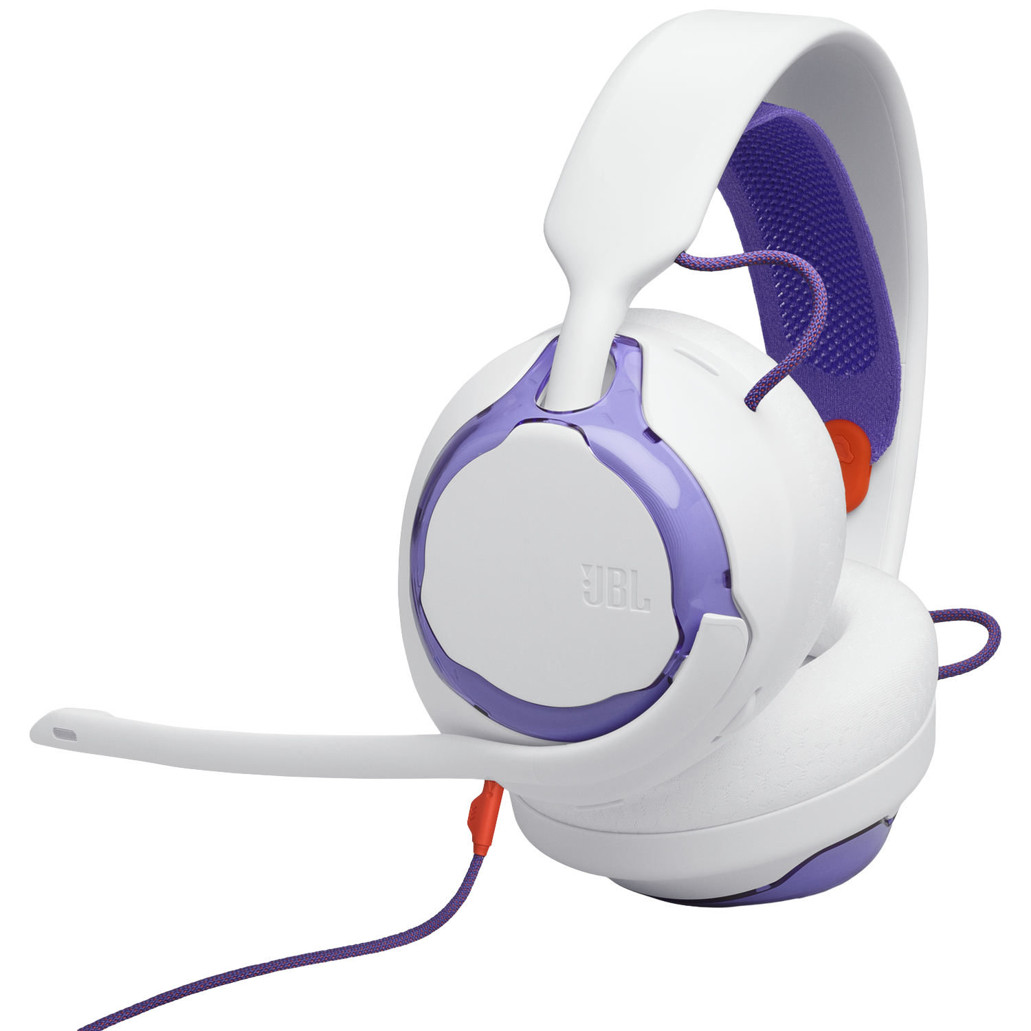 Casque de jeu JBL blanc et violet. Comprend un microphone et un bandeau en tissu violet. Accents orange sur le câble.