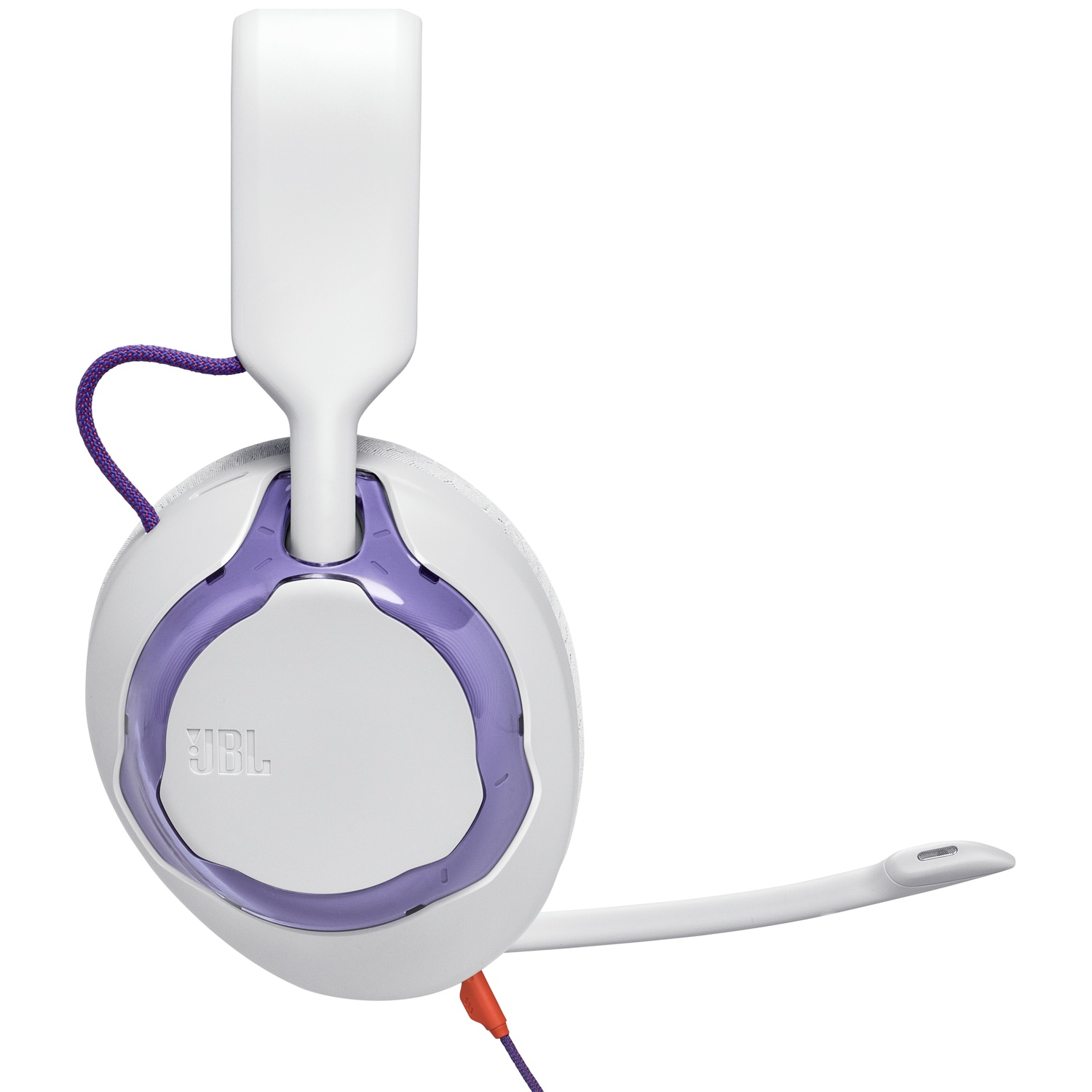 Casque de jeu JBL blanc avec des accents violets et un microphone intégré. Le câble est orange et violet.