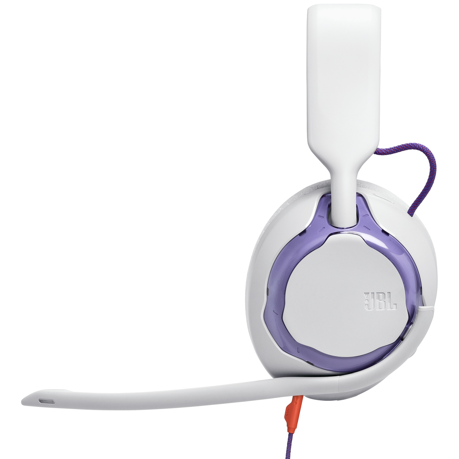 Casque de jeu JBL blanc avec des accents violets et un micro-perche. Câble violet et orange. Le logo JBL est visible sur l'écouteur.