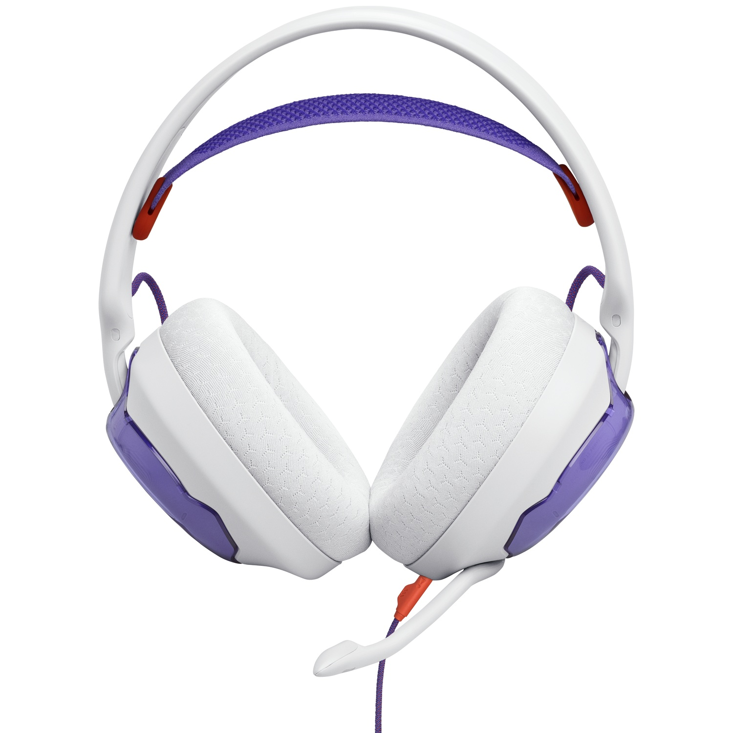 Casque de jeu blanc et violet. Le casque a des écouteurs blancs, un bandeau violet et un microphone. Isolé sur fond blanc.