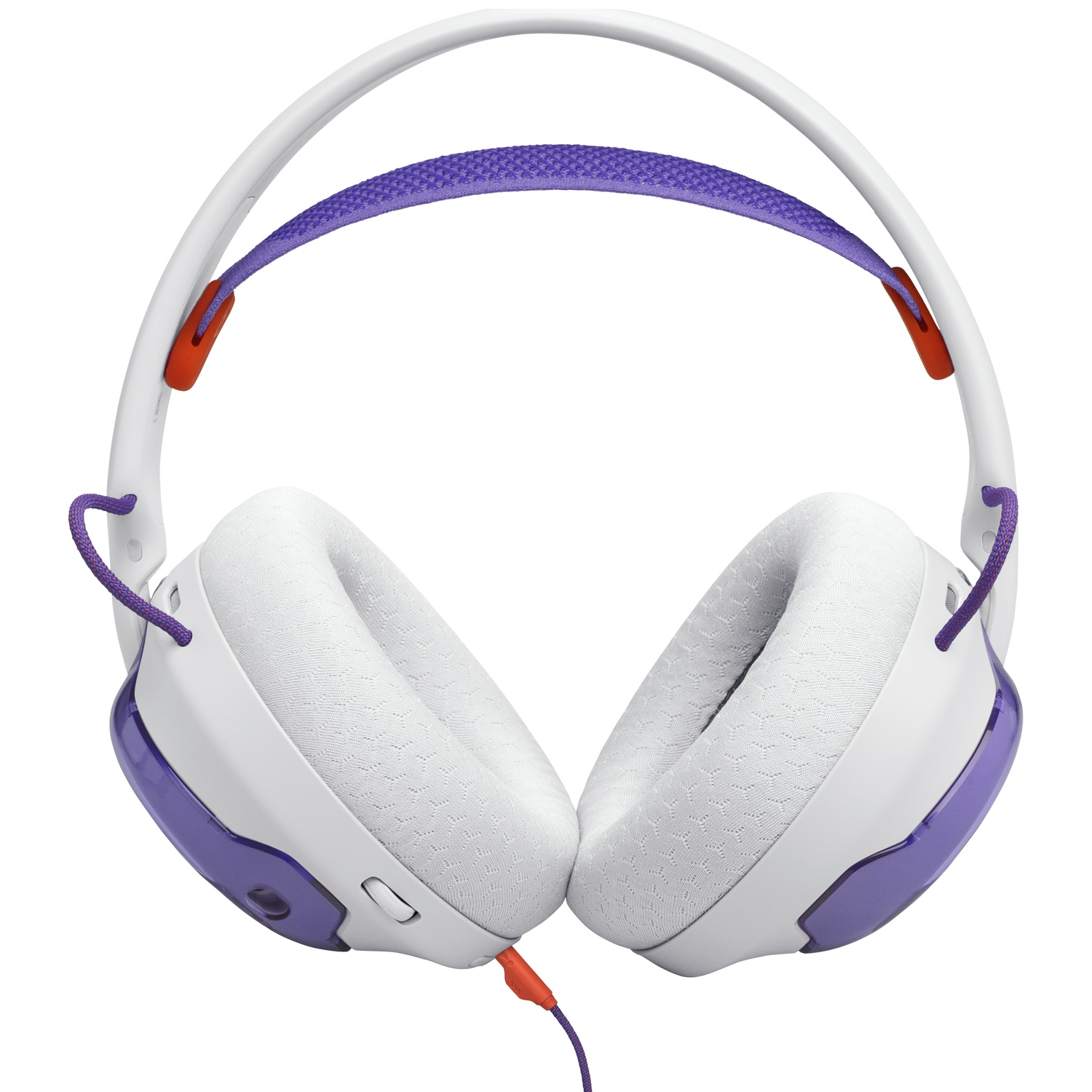 Casque blanc avec des touches de violet et d'orange. Les oreillettes sont rembourrées, reliées par un bandeau blanc avec une sangle violette.