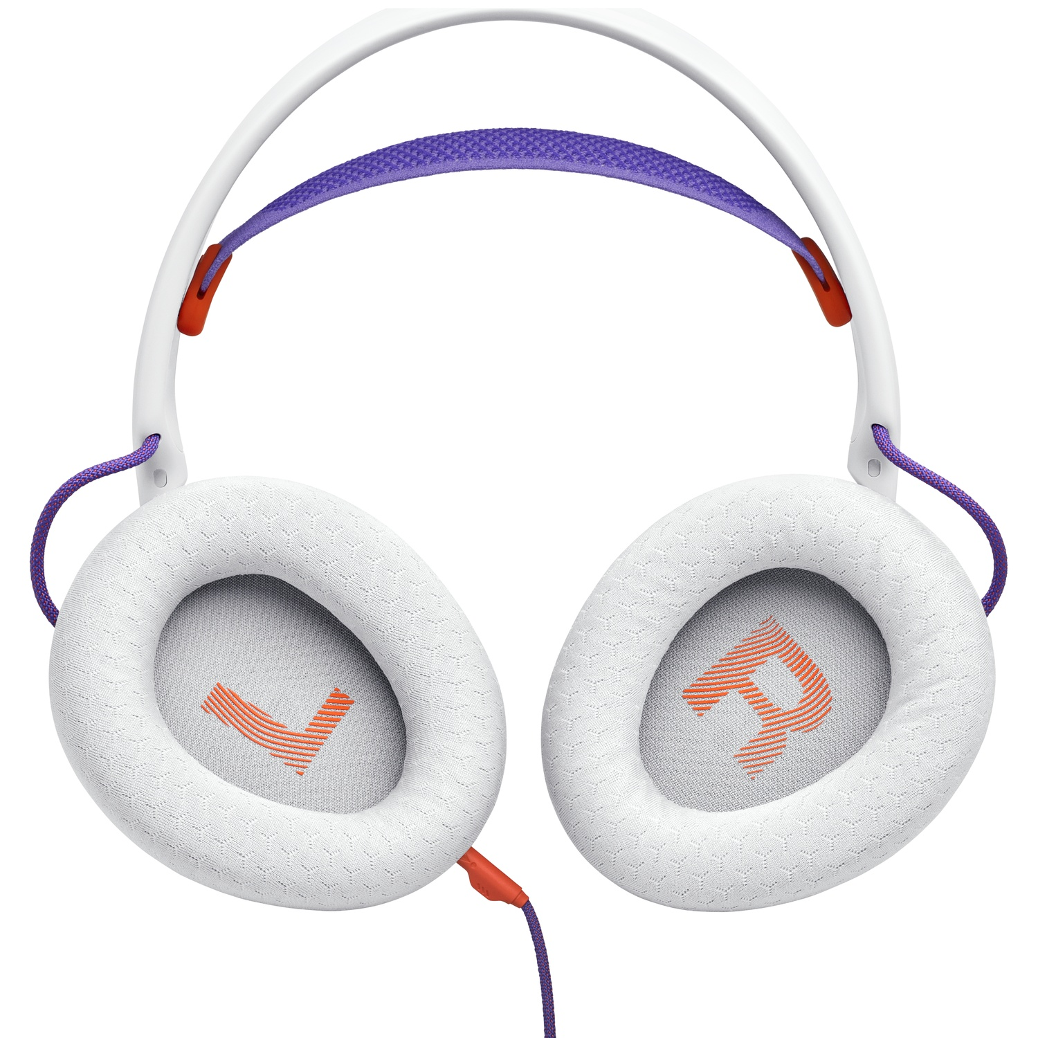 Casque blanc avec des touches de violet et d'orange. Les écouteurs ont des marquages L et R. Un câble violet est connecté.