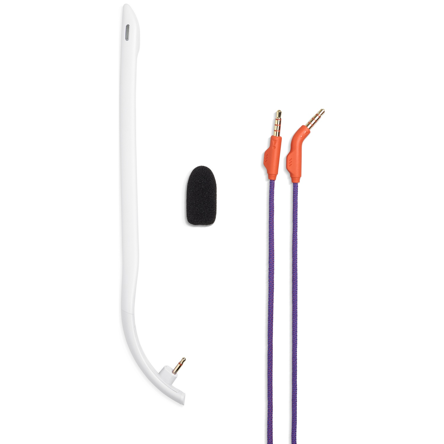 Pièce de casque blanche, cache-micro noir et deux câbles avec extrémités orange et cordons violets, le tout sur fond blanc.