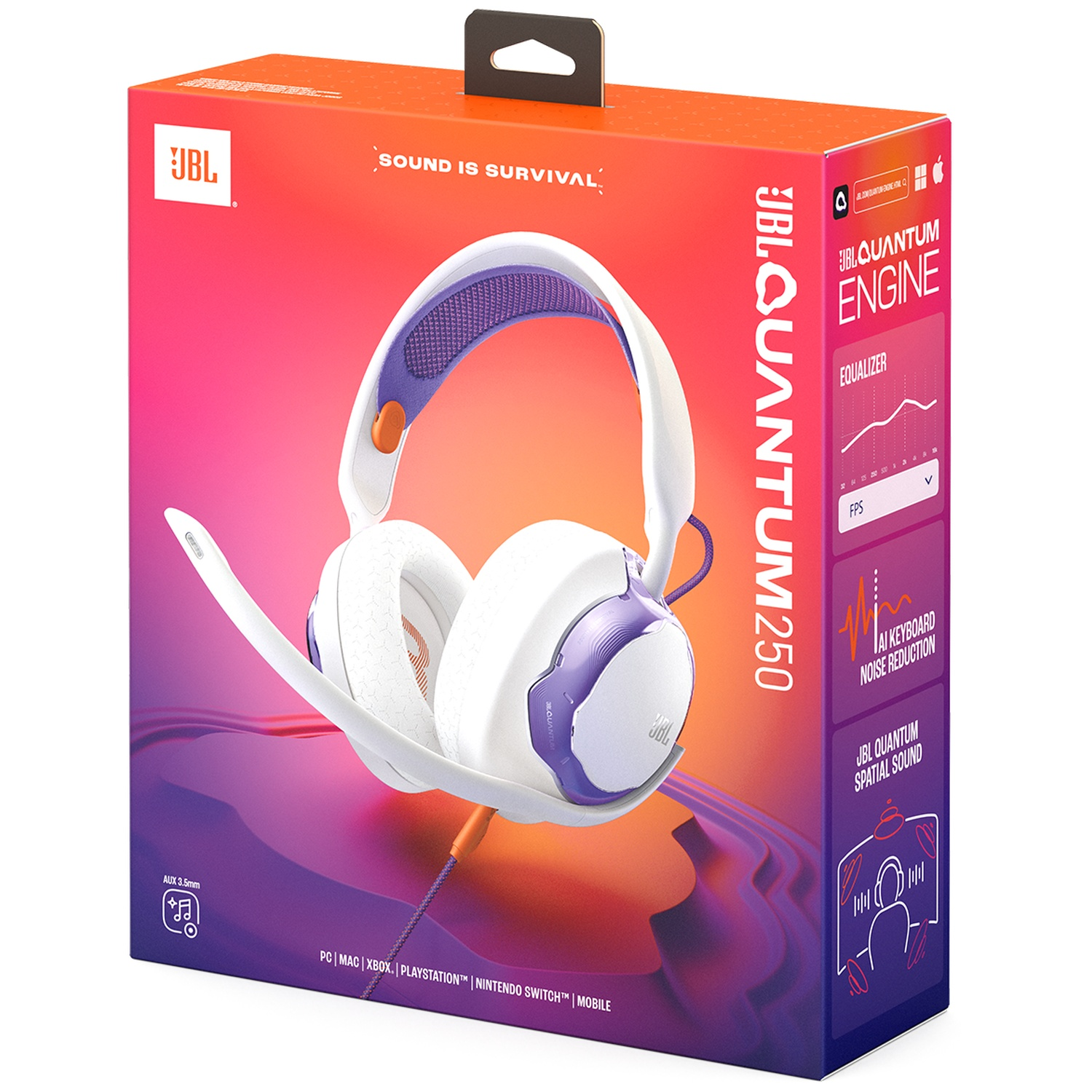 Une boîte de casque de jeu JBL Quantum 250. La boîte est orange et violette avec une image du casque blanc et violet.