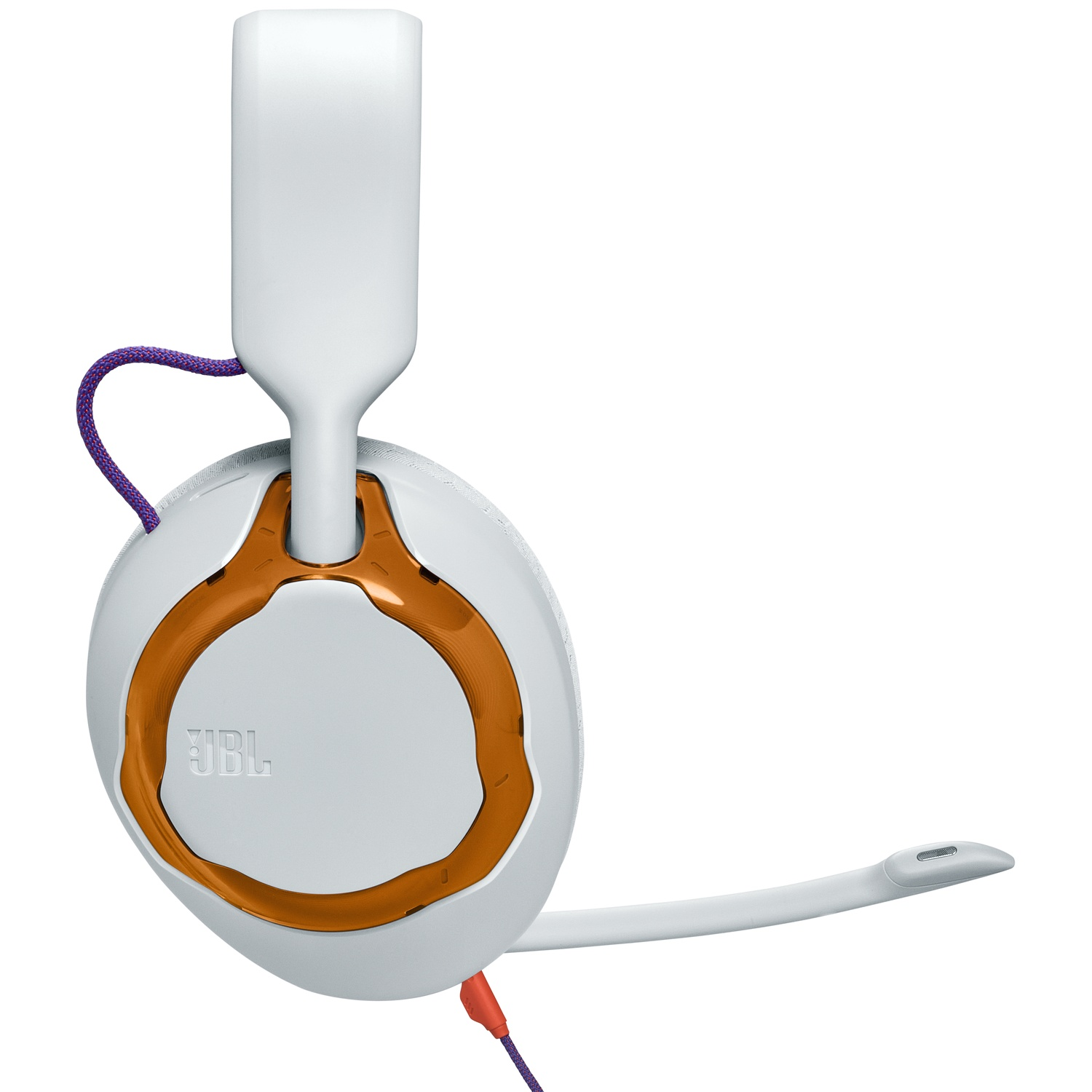 Witte JBL-headset met oranje accenten en paars snoer. Een microfoon steekt uit de oortelefoon.
