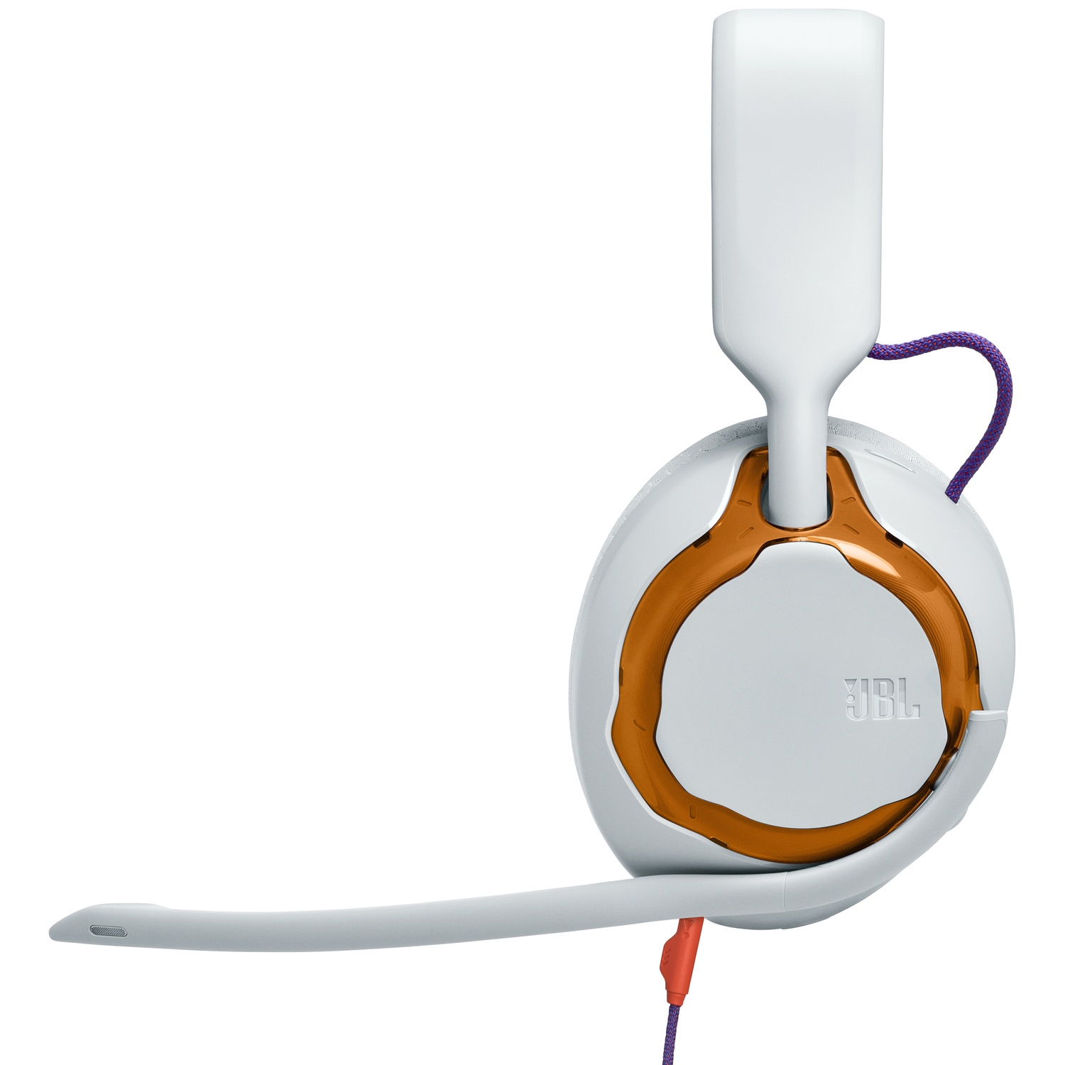 Witte en oranje JBL gaming headset met een paars snoer en een microfoon die zich uitstrekt vanaf de linkerkant.