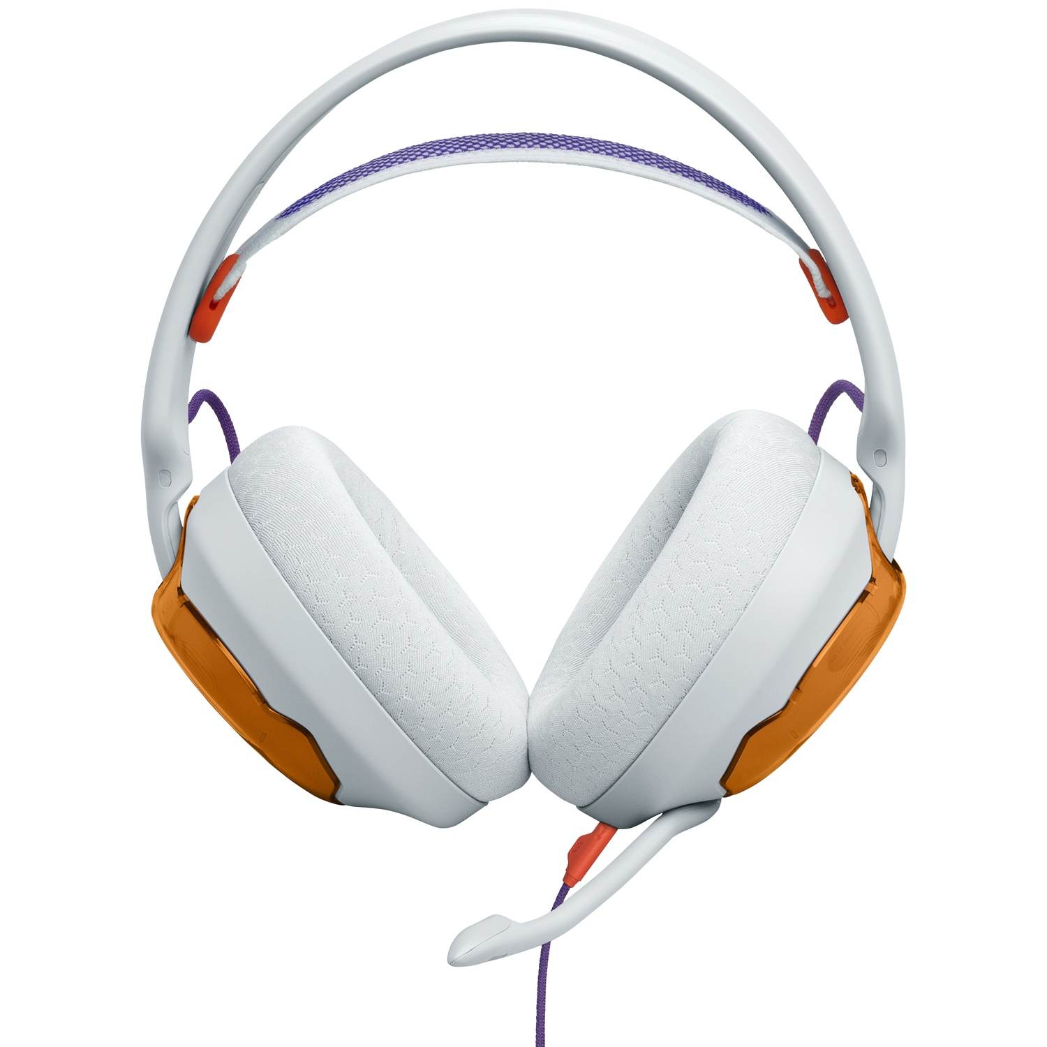 Witte gamingheadset met oranje accenten, paarse details en een microfoon, geïsoleerd op een witte achtergrond.