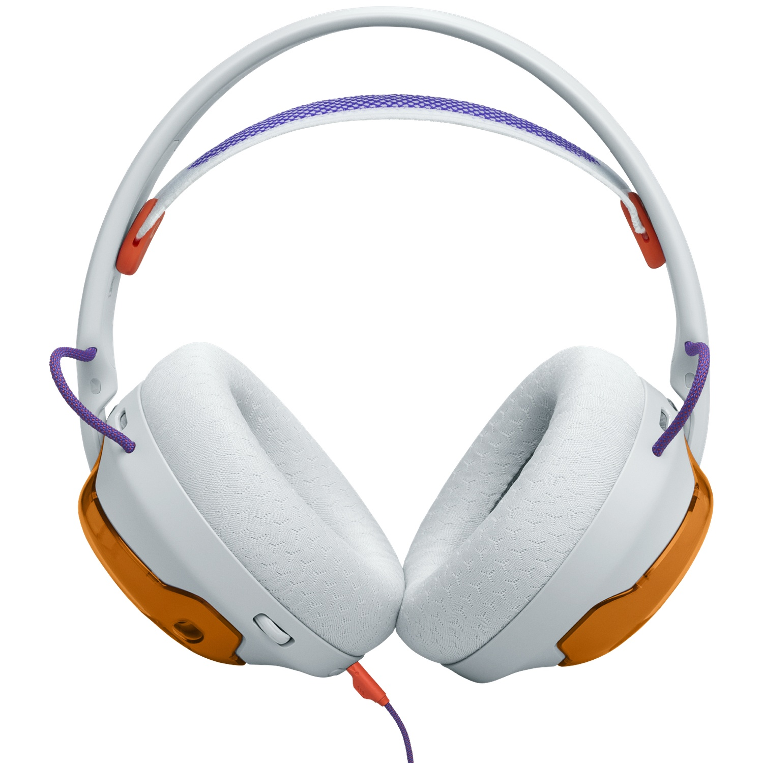 Witte koptelefoon met oranje accenten, paarse kabel en een paars-witte band. Geïsoleerd op een witte achtergrond.