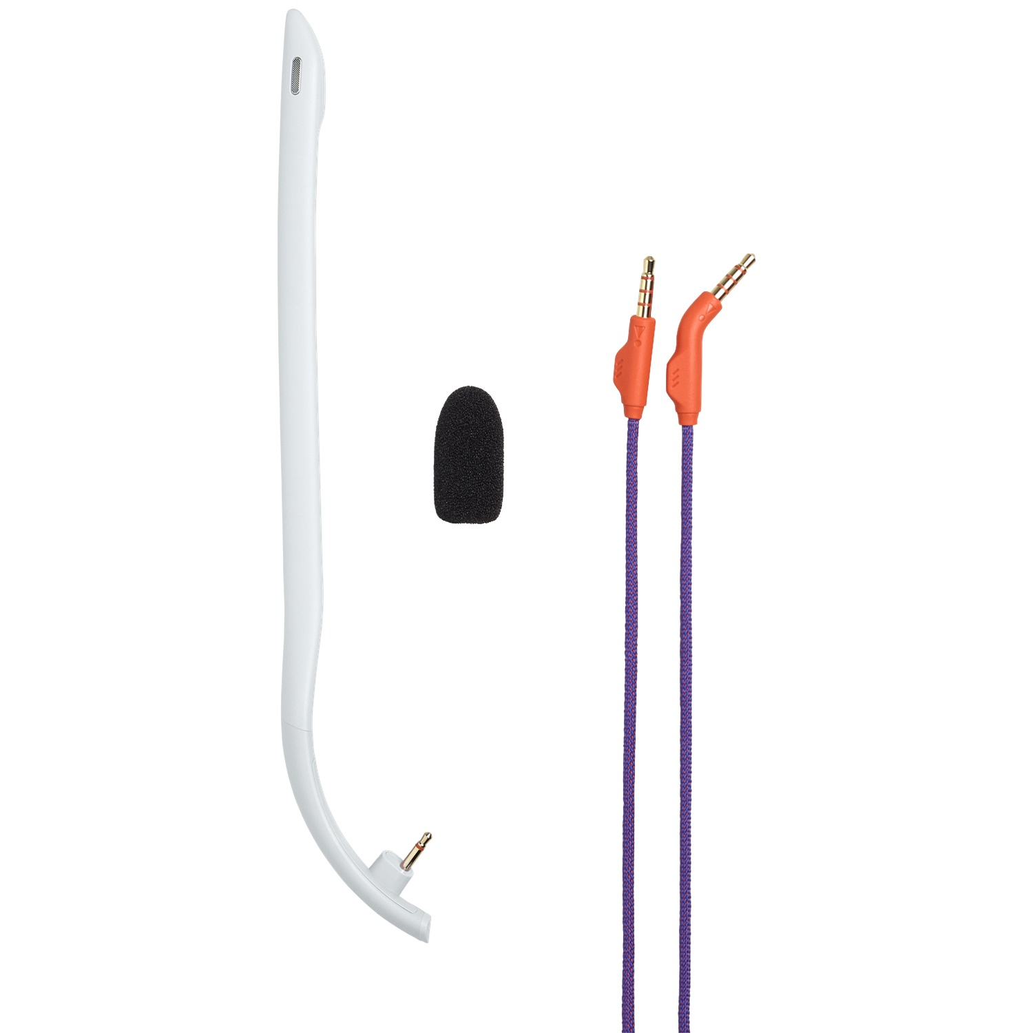Een witte headsetboom, zwarte microfoonhoes en twee oranjegepunte audiojacks met paarse kabels tegen een witte achtergrond.