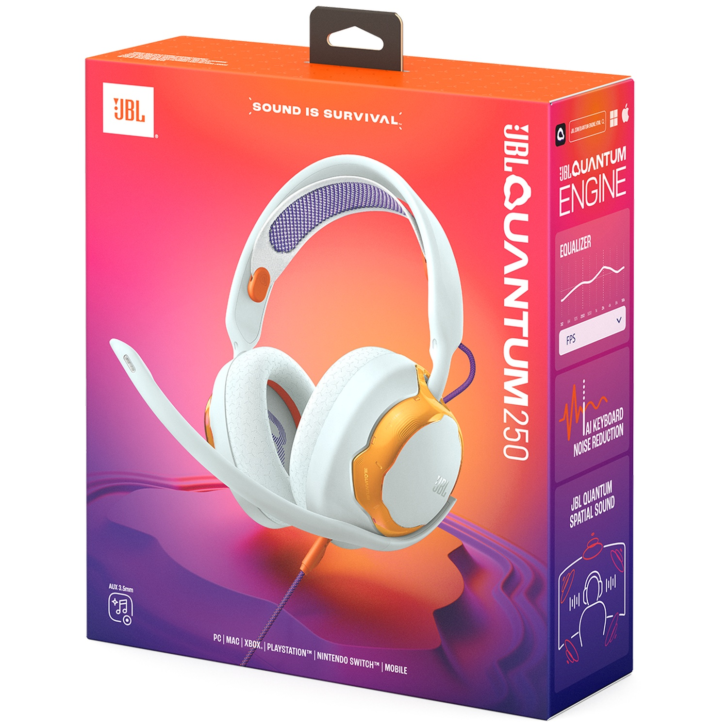JBL Quantum 250 headsetdoos. Witte headset met oranje accenten op kleurrijke achtergrond. Tekst: 'Sound is Survival'.