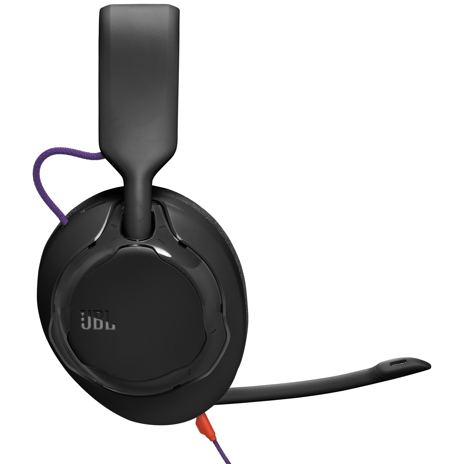 Black JBL headset with a microphone, purple and orange cables, on white background. The headset has JBL logo.