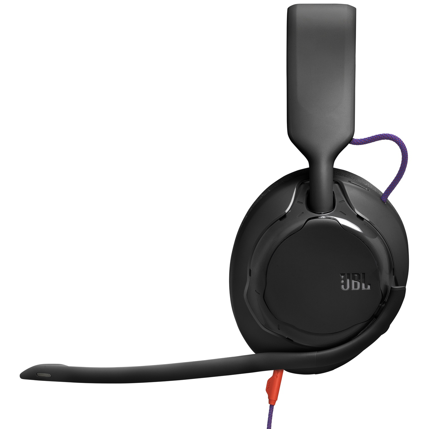 Black JBL gaming headset with a purple and orange cord. The headset features a microphone and a padded headband.
