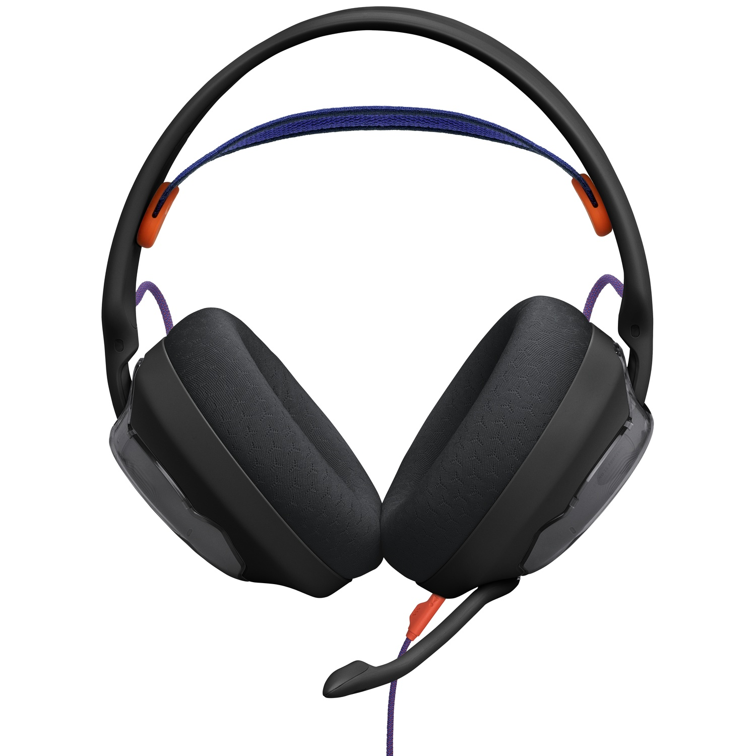 Black gaming headset with blue and orange accents. Features earcups, a headband, and a microphone on a white background.