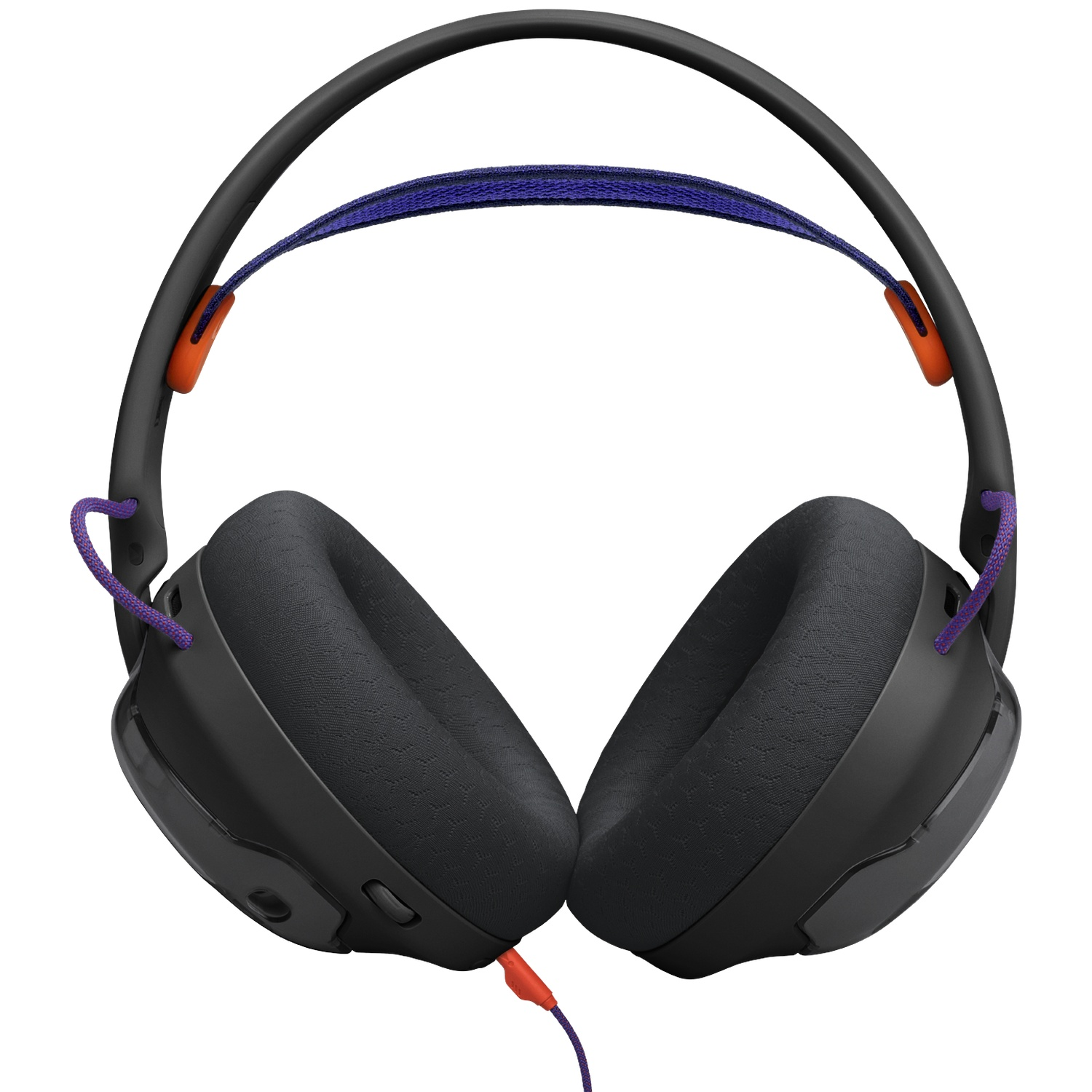 Black headphones with purple and orange accents. A purple cord extends from the left earpiece. A blue band connects the earcups.