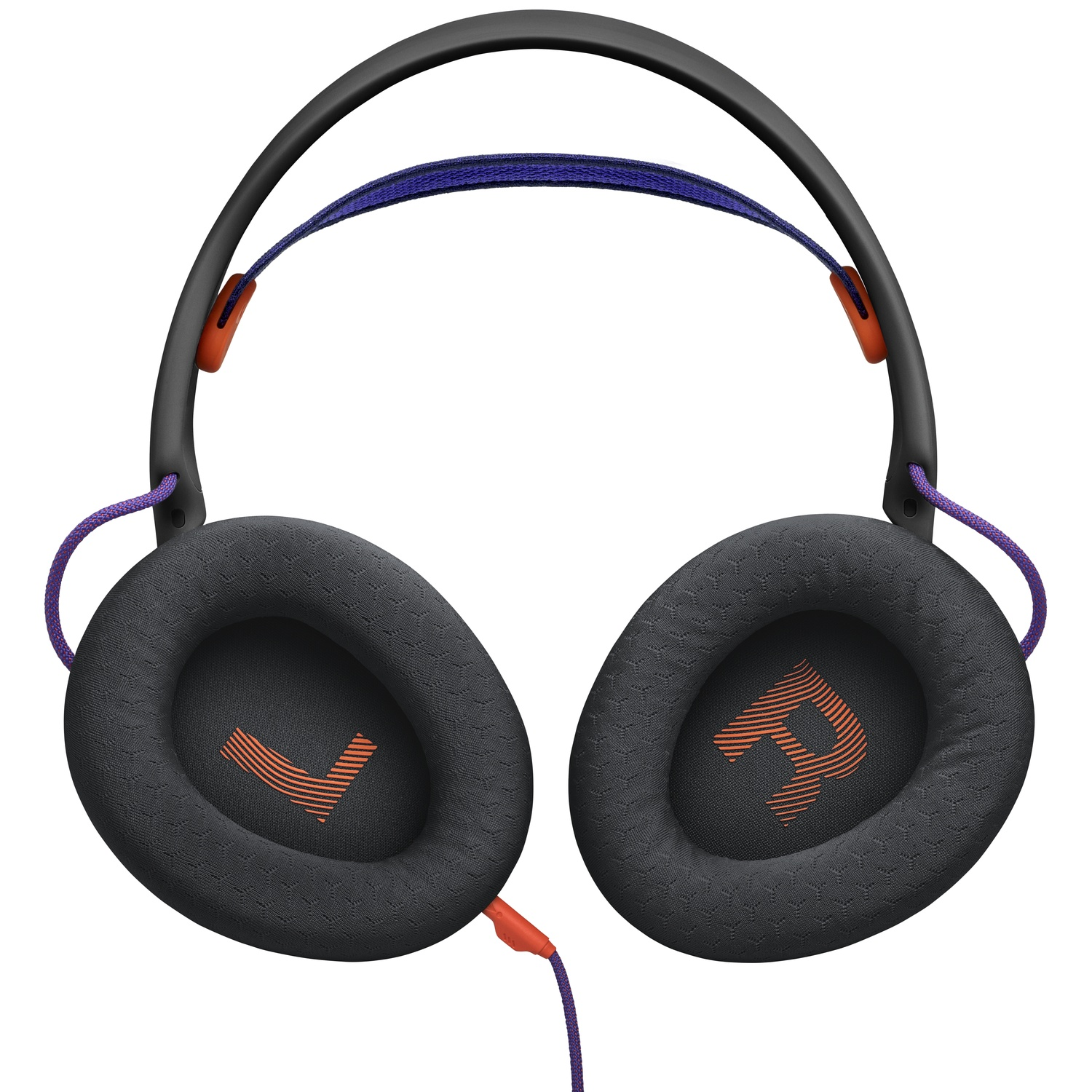 Over-ear headphones, grey earcups, black band with purple and blue accents. Orange details. 'L' and 'R' marked on earcups.