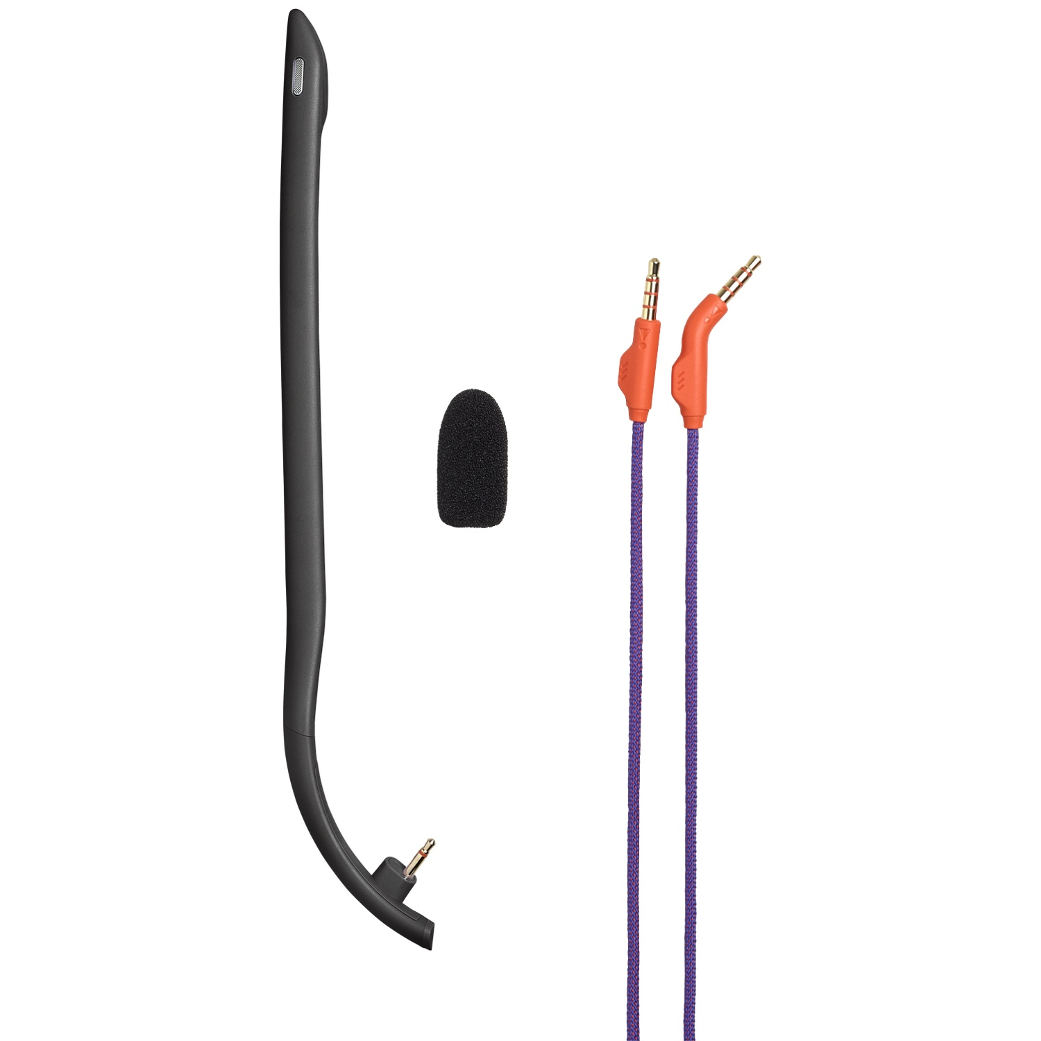 Black headset with microphone. Two orange jacks with purple cables. Black microphone cover. White background.