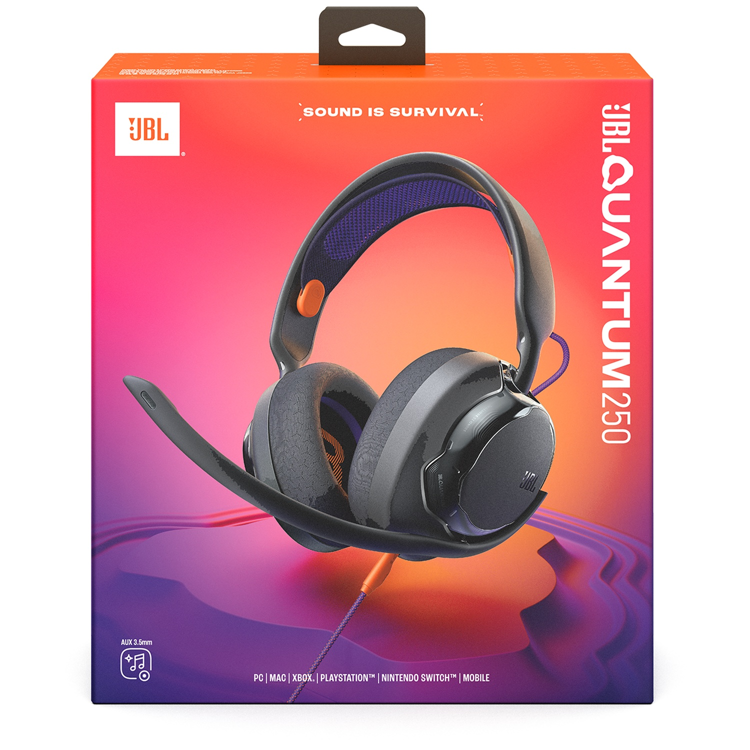 Headphones on a box, with JBL logo. Box has text 'SOUND IS SURVIVAL' and 'JBL QUANTUM 250'. Purple and orange gradient background.