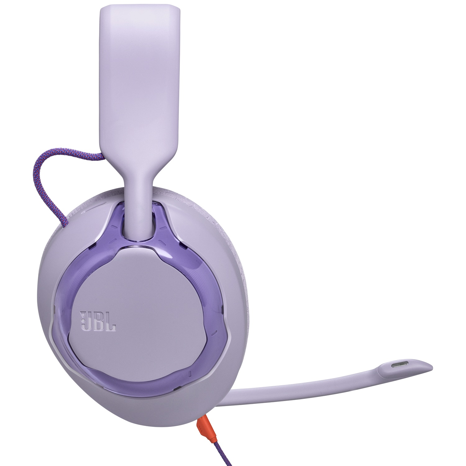 A purple JBL gaming headset is isolated on a white background. It has a microphone and orange and purple cords.