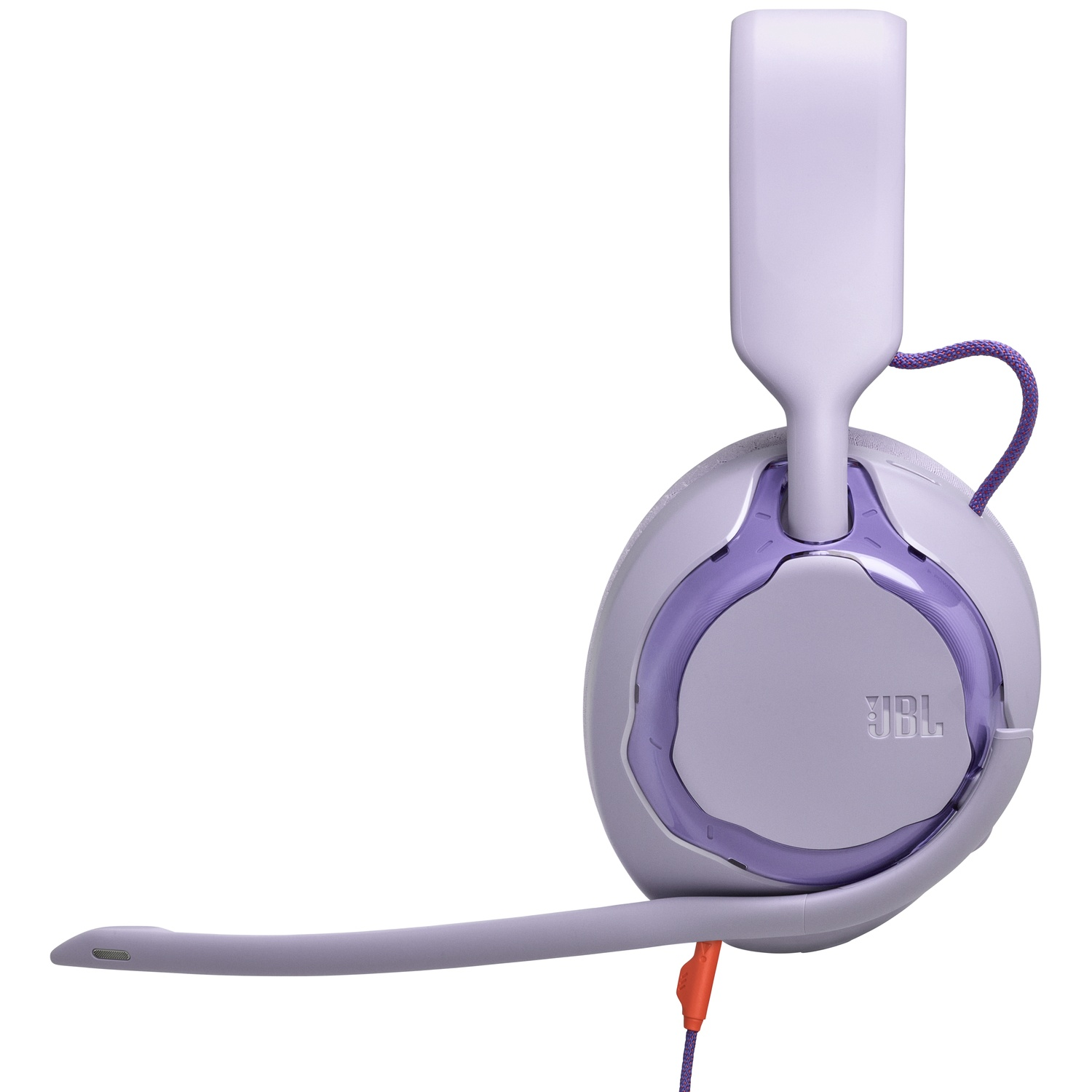 A light purple JBL gaming headset with a microphone. The headset is mostly white, with purple accents and a purple cable.
