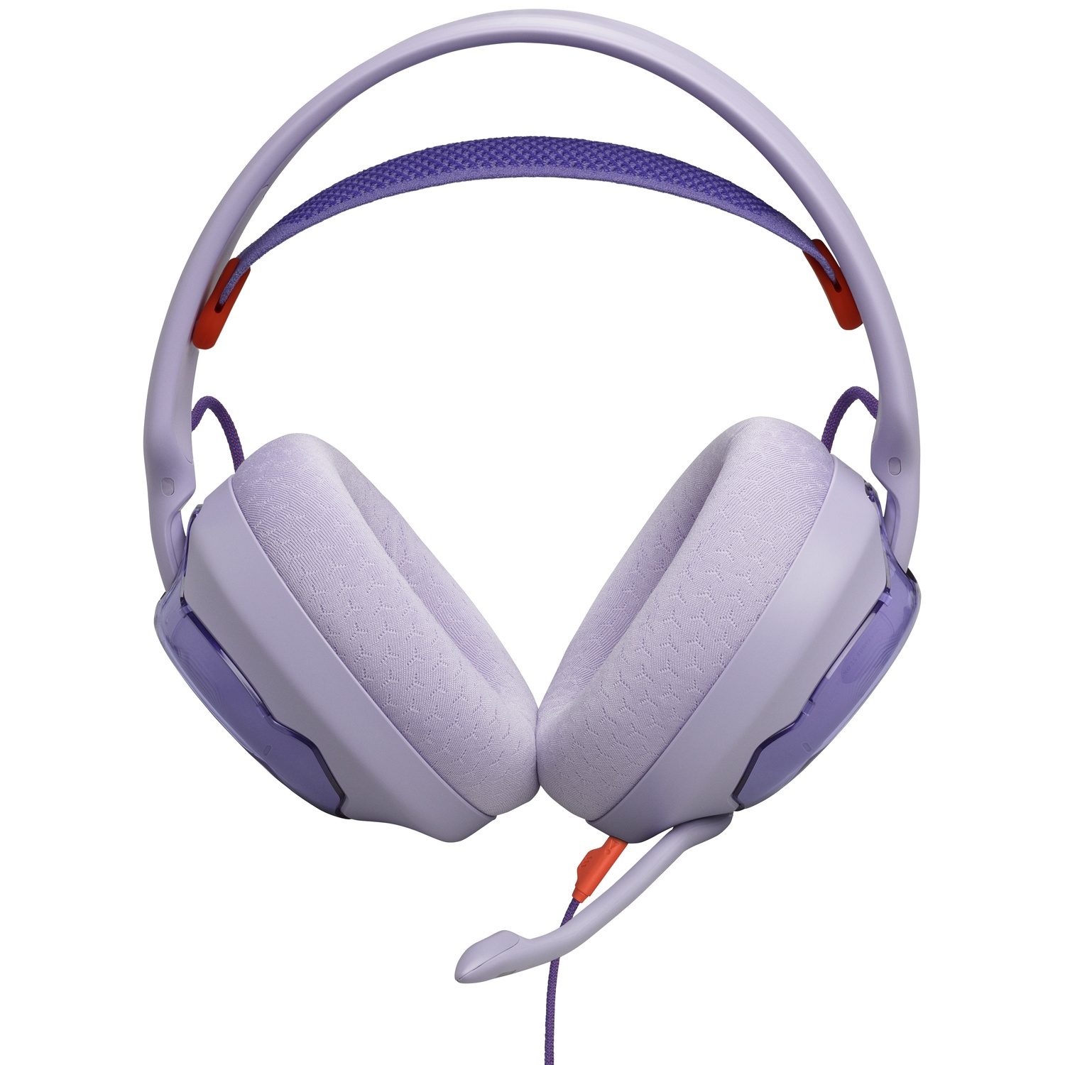 A lavender headset with a microphone. The earcups are soft, and the headband has a purple fabric. Orange accents are visible.