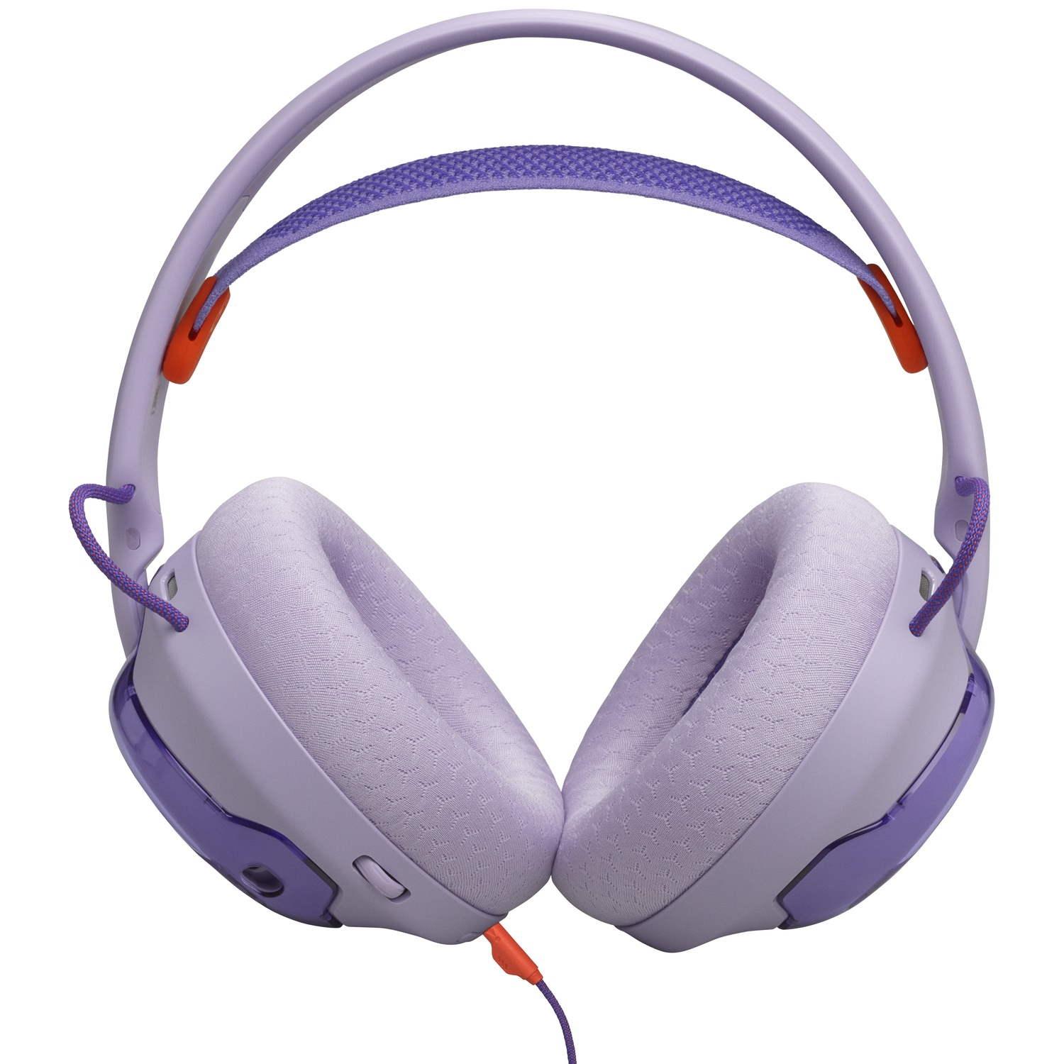 Over-ear headphones. Lavender color with orange accents. Visible cord with a 3.5mm jack. White background.