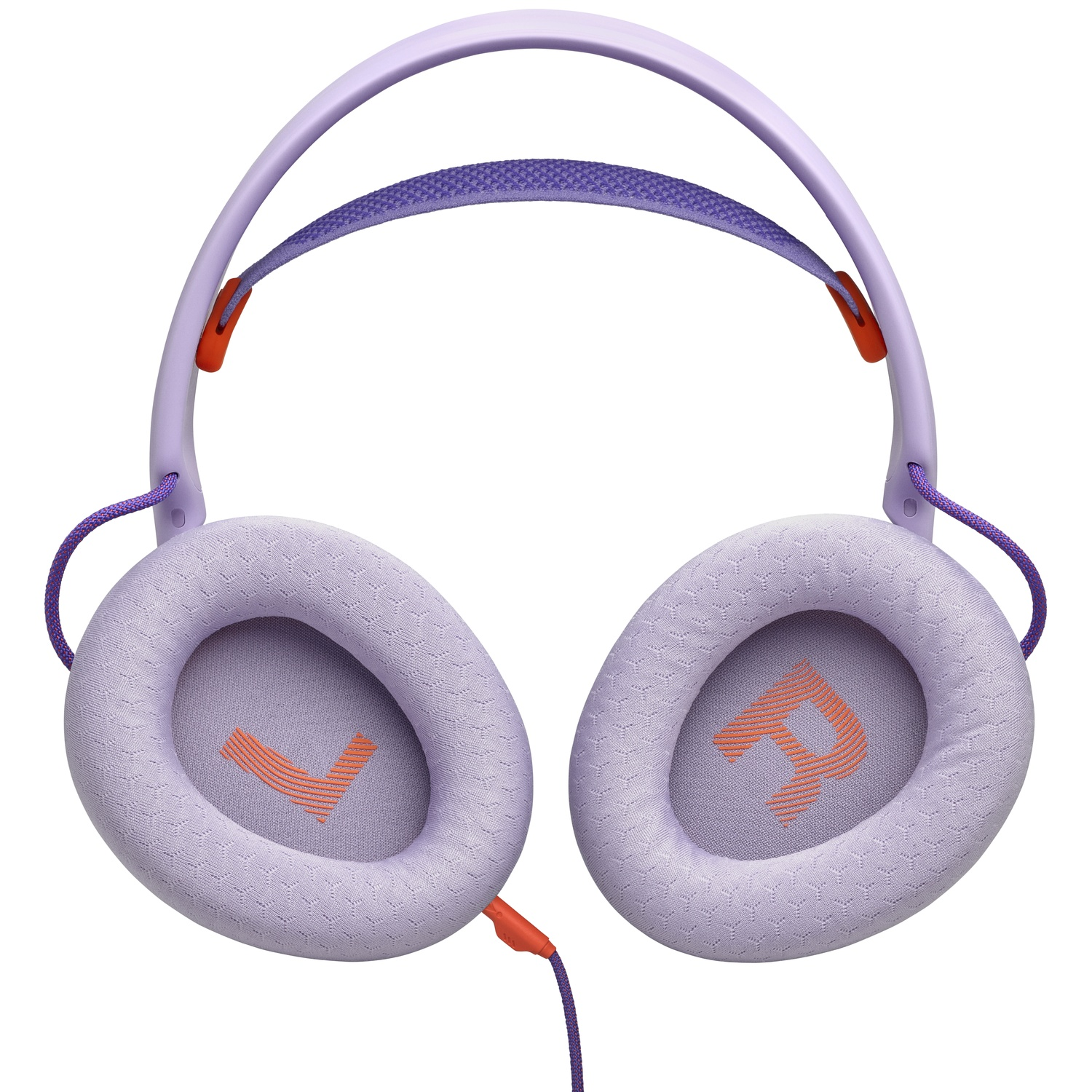 Lavender headphones with purple and orange accents. 'L' and 'R' in orange on ear cups. Purple cord.