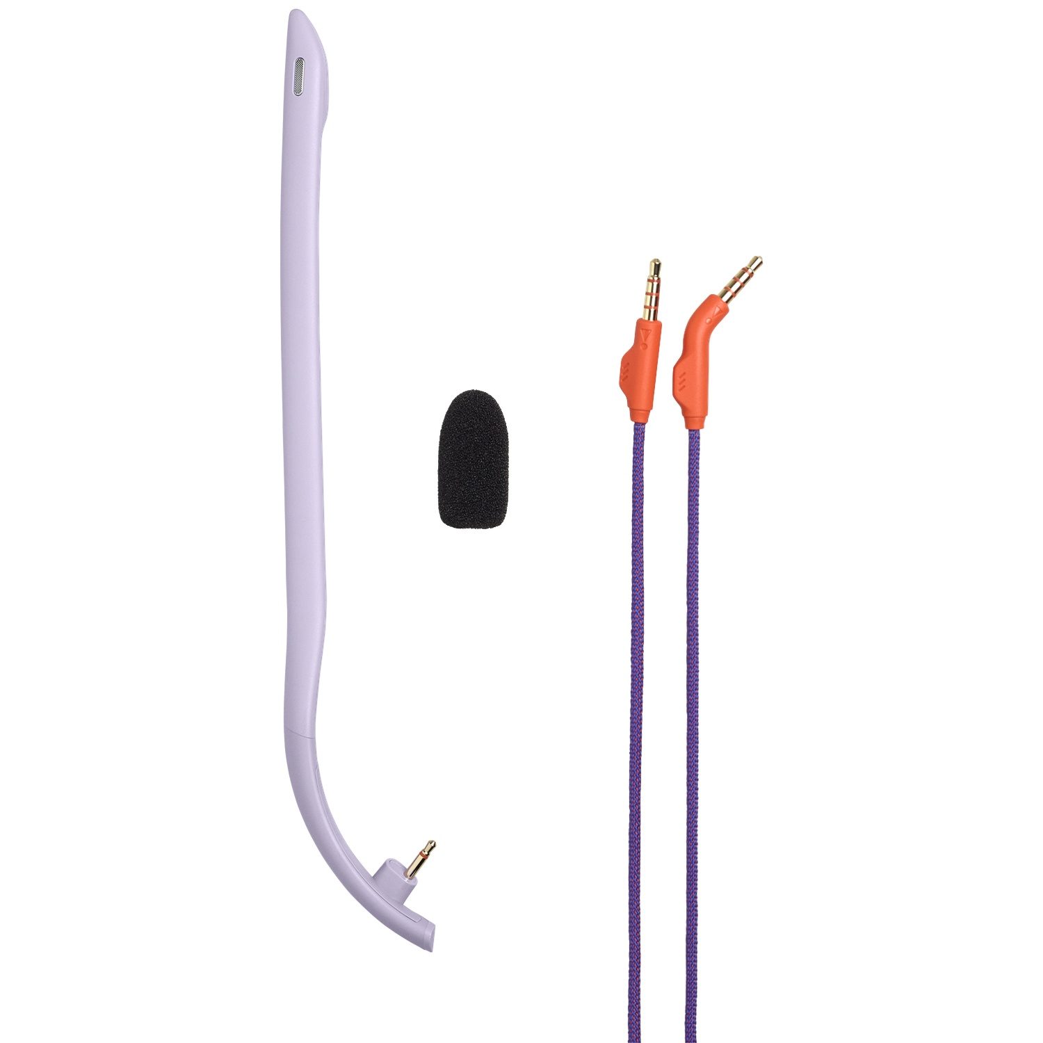 A headset with a lavender boom, a black microphone cover, and two audio jacks with orange casings and purple cords.