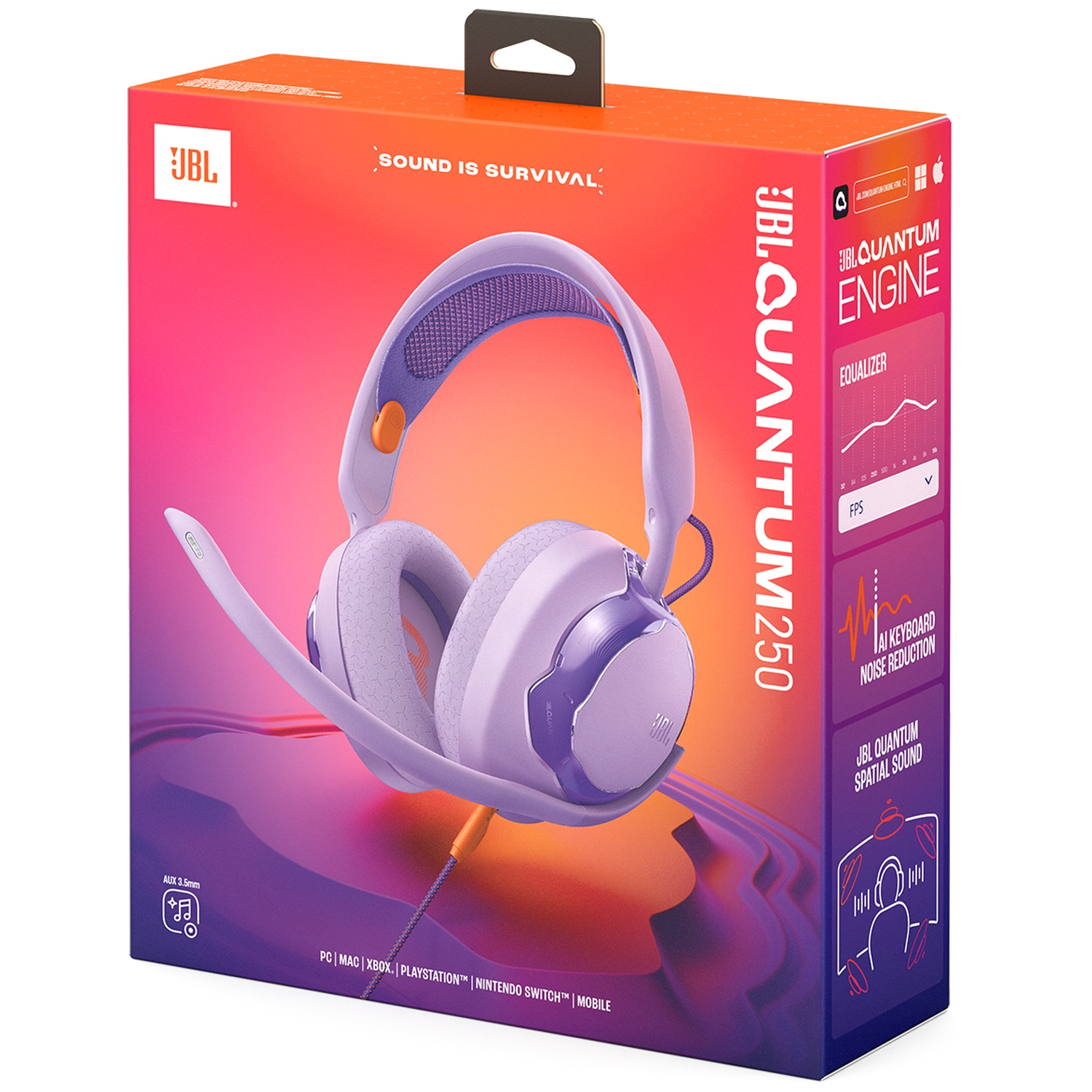 A box of JBL Quantum 250 headphones. The box is orange and purple. The headphones are purple with a detachable microphone.