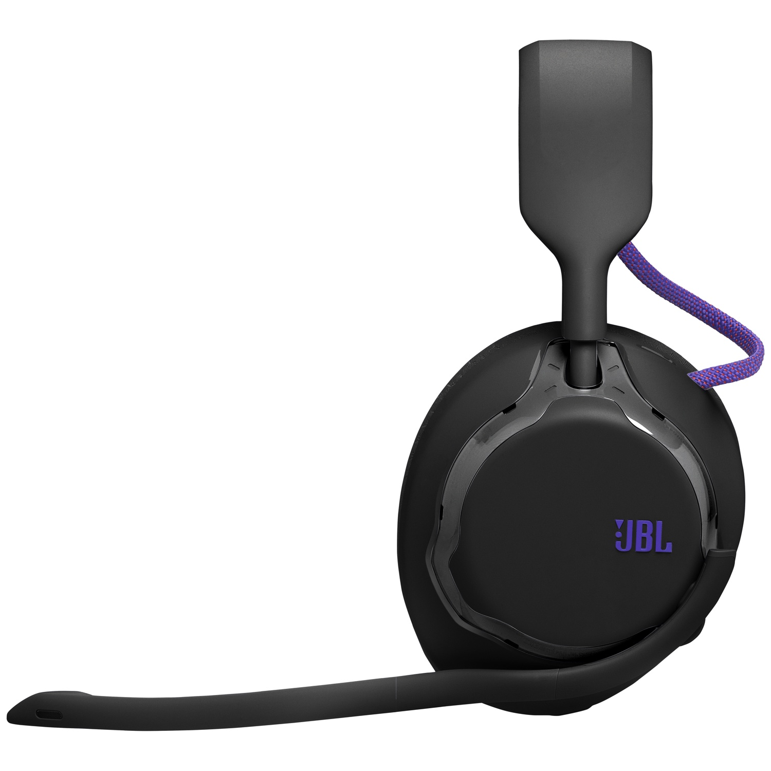Casque de jeu JBL noir avec câble violet. Le casque a un microphone et le logo JBL.