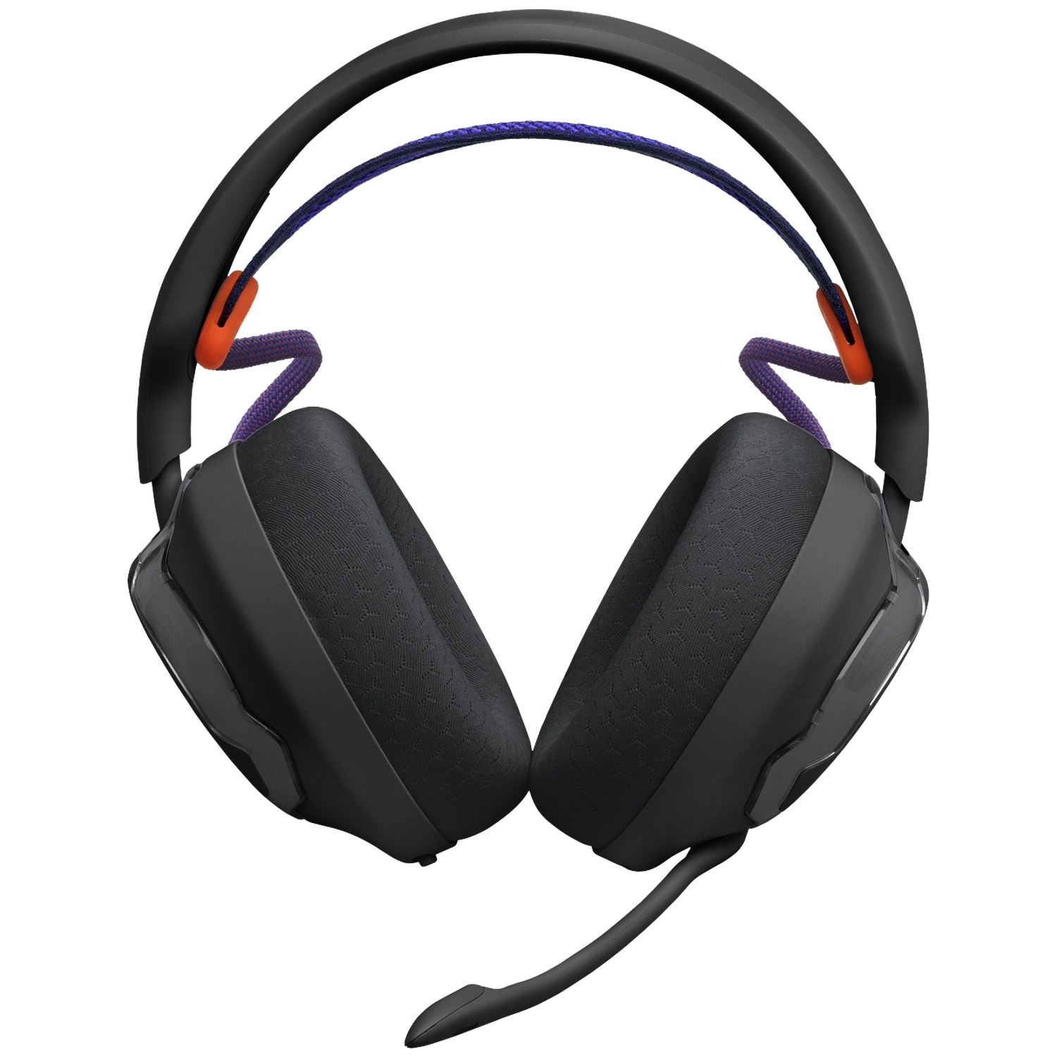 Casque noir avec microphone flexible. Accents violets et oranges sur l'arceau. Les oreillettes sont inclinées, et le fond est blanc.