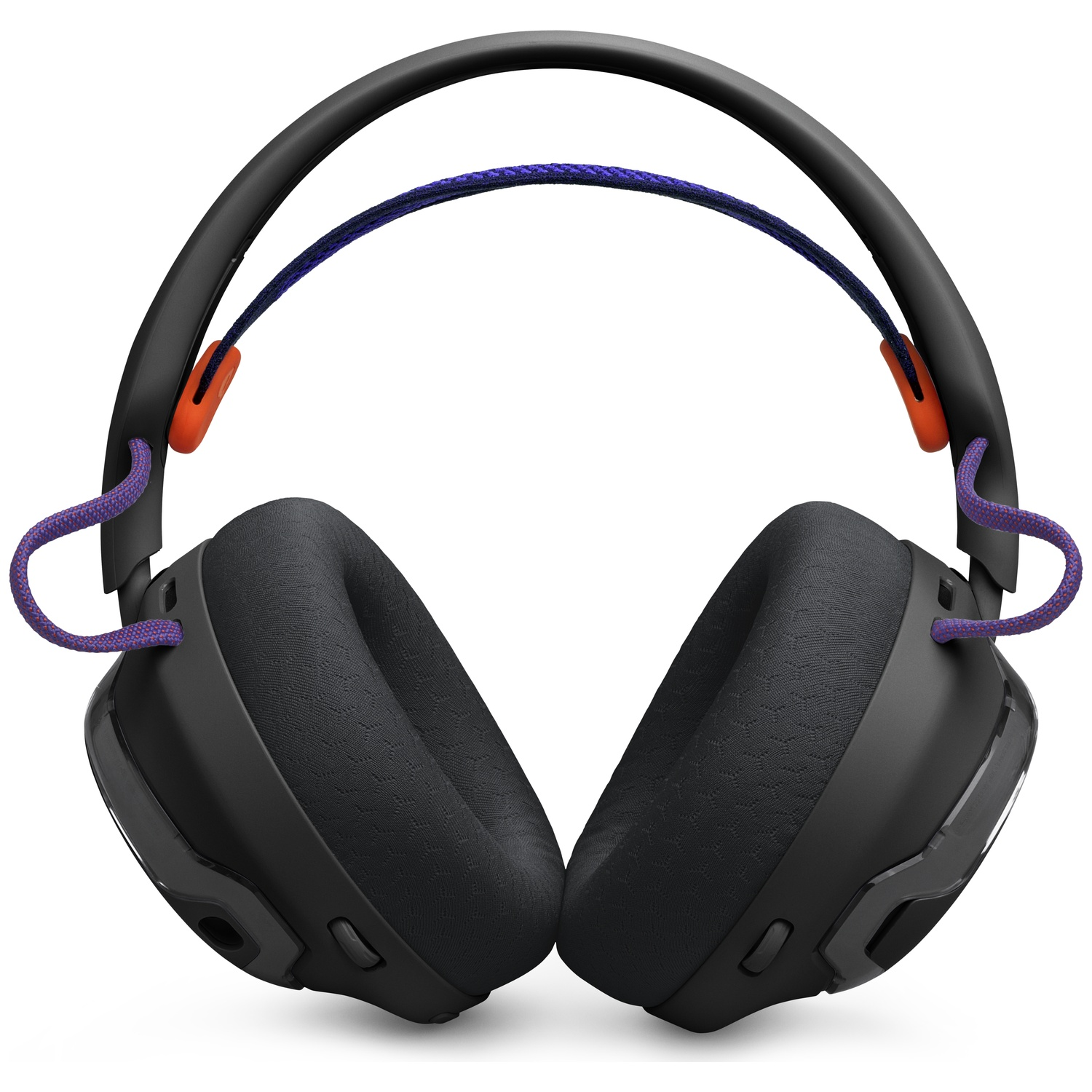 Casque noir avec des cordons violets et bleus, des accents orange. Les oreillettes sont noires et rembourrées. Le fond est blanc.
