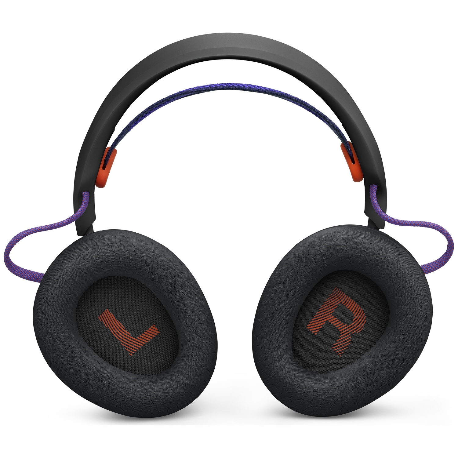 Casque noir avec des accents orange et violets. 'L' et 'R' visibles sur les oreillettes. Fond blanc uni.