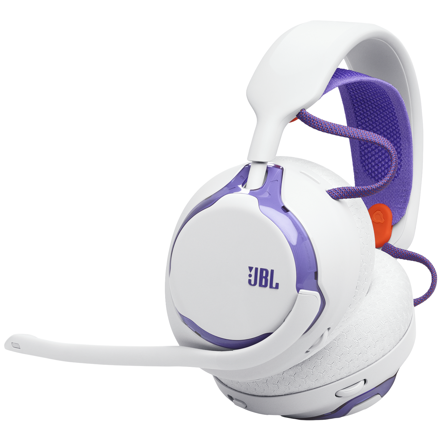 Casque de jeu JBL blanc avec des accents violets et orange. Comprend un micro et un bandeau en tissu.
