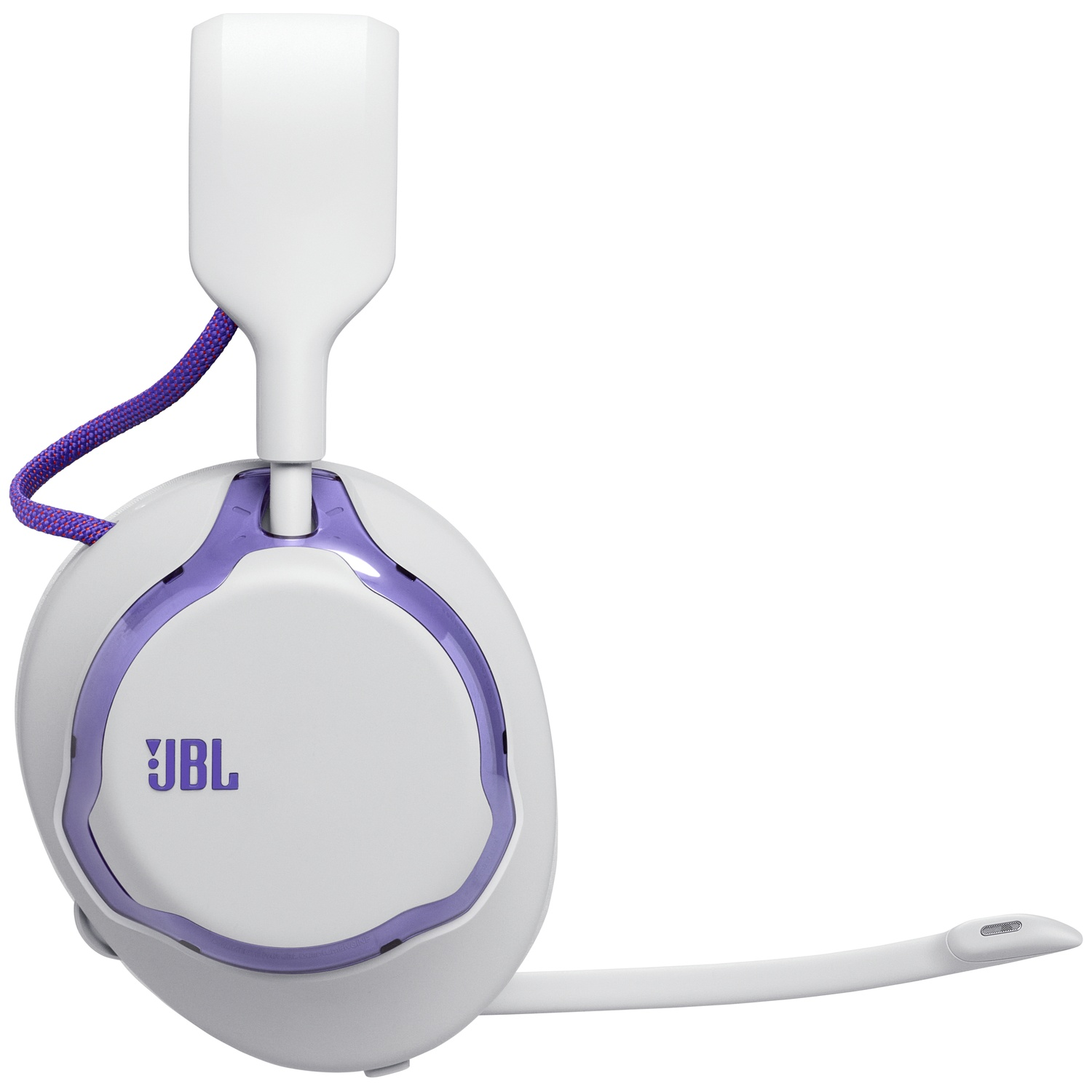 Un casque de jeu JBL blanc et violet. Il possède un microphone, un cordon violet et un bandeau blanc. Le logo JBL est visible.