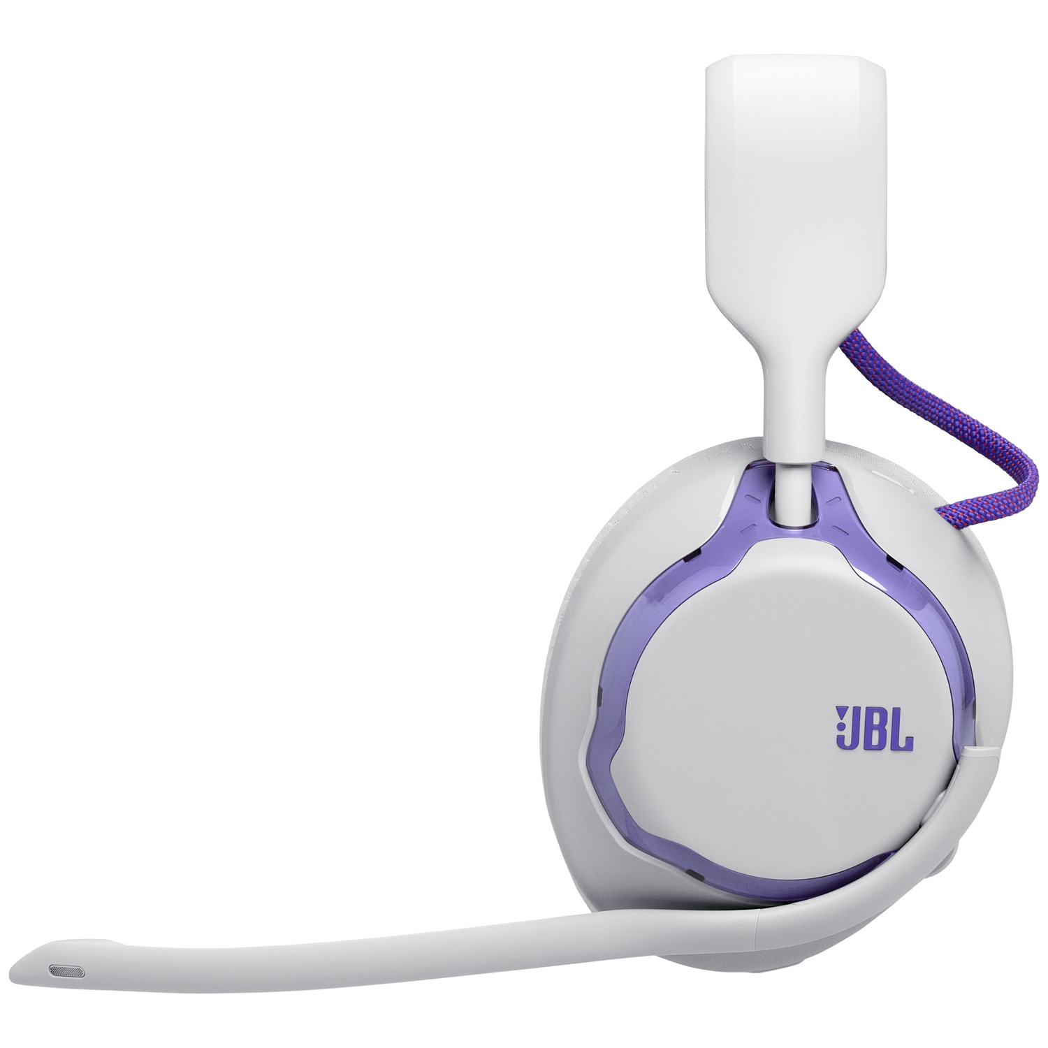 Casque de jeu JBL blanc avec des accents violets et un cordon tressé violet. Le microphone s'étend vers la gauche.